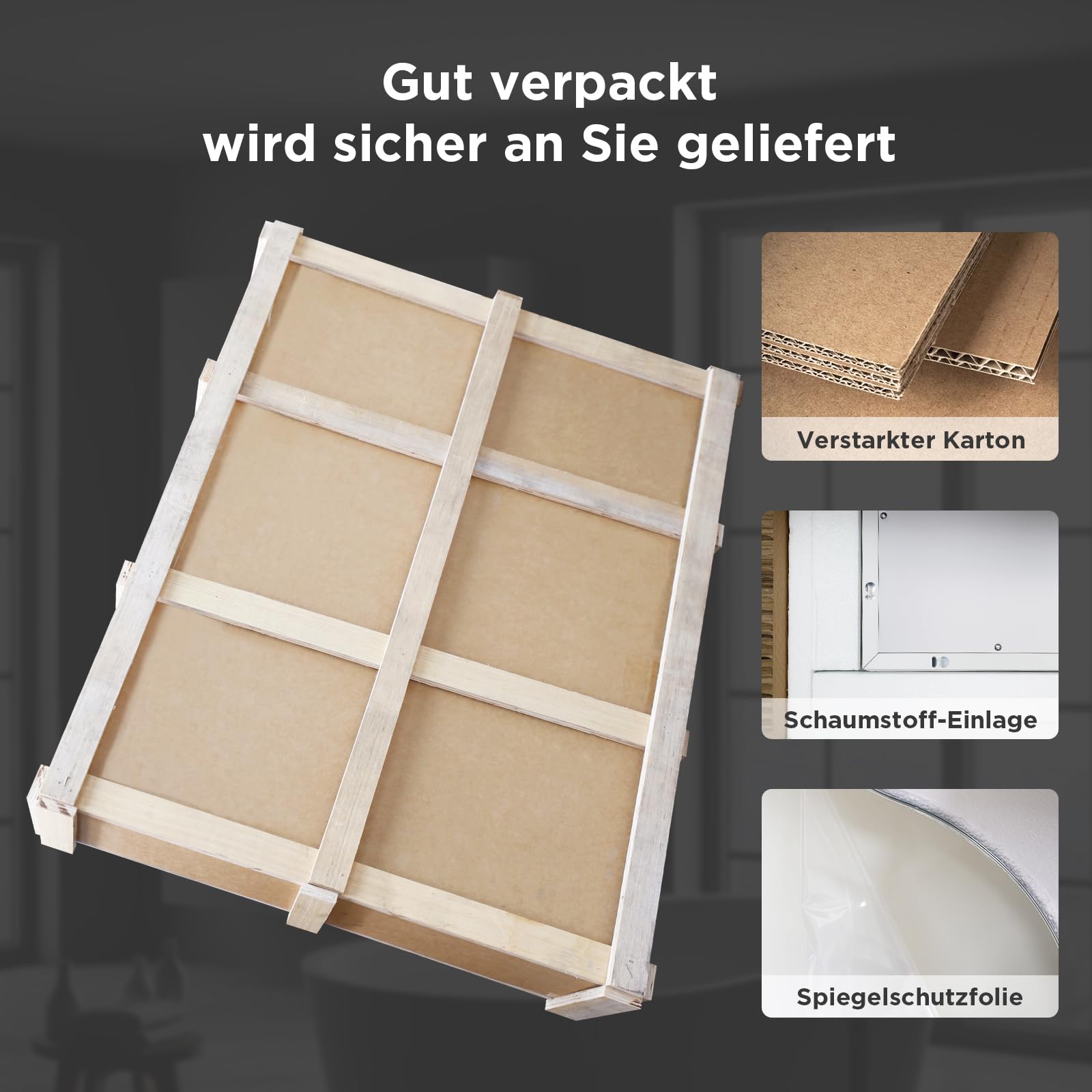 SANYCASA Intelligenter Badezimmerspiegel 80x55cm mit LED, Anti-Beschlag, bruchsicher, dimmbar, 3 Farbtemperaturen, asymmetrisch (horizontal/vertikal)