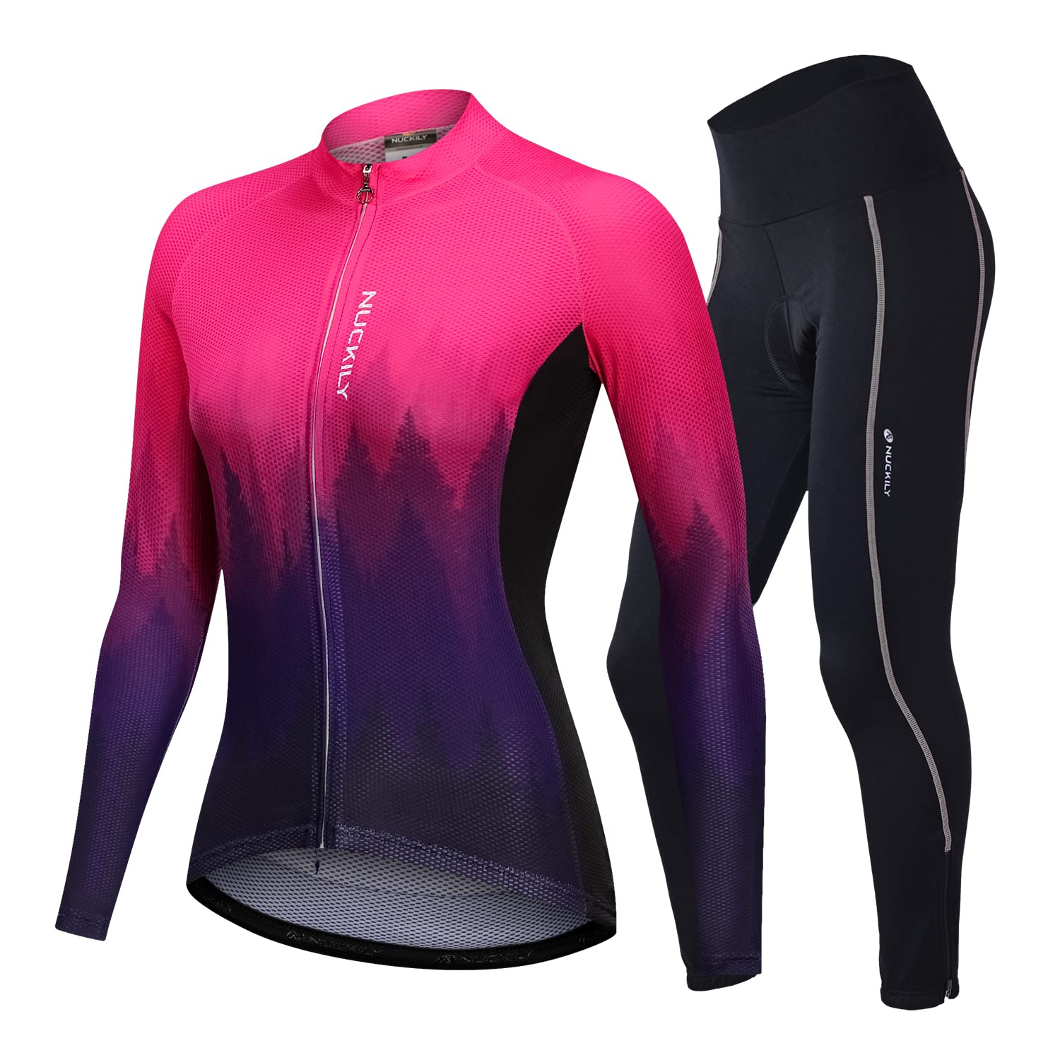 NUCKILY Radtrikot Damen Set Langarm Fahrradtrikot Fahrradbekleidung MTB Radsportanzug Rad Jacke und Radhose mit 3D Sitzpolster Strumpfhosen Frühling Herbst Berg Kleidung Anzüge