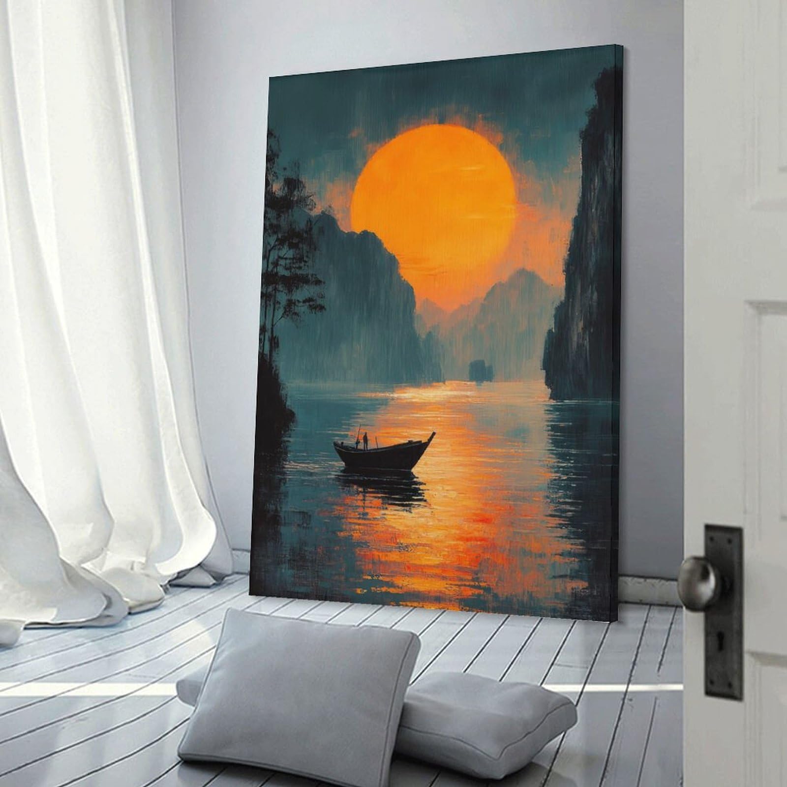Junmoney Frame-Style-13 Wall Picture Print Sunset Boat Scene, 24X36inch(60X90cm), For Contemporary Homes, Apartments Or Offices, Decorative Canvas Decor For Home Updates