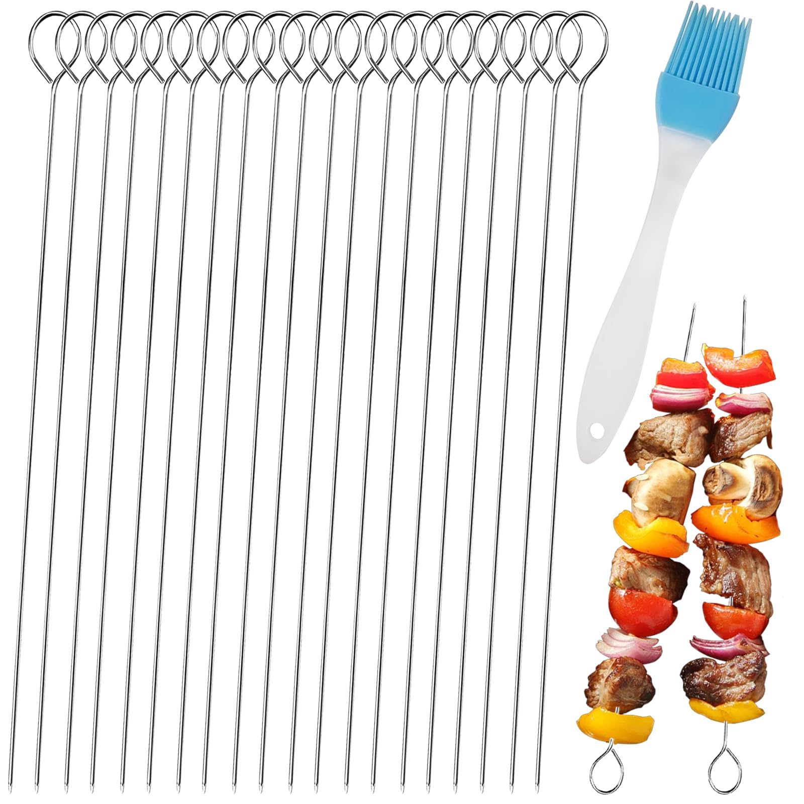Pic a Brochette en Métal 30 cm avec Pinceau à Huile Silicone Bleu - Kit de Grillade pour Pique-nique et Camping