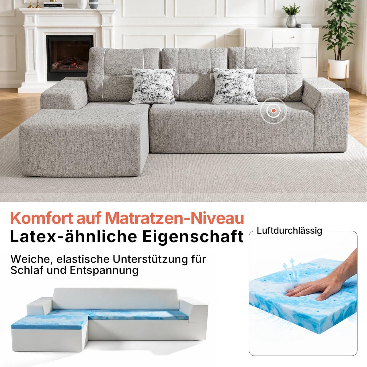 L-Form Modulares Schlafsofa 267cm Breit, Ecksofa Schlafcouch, Grau