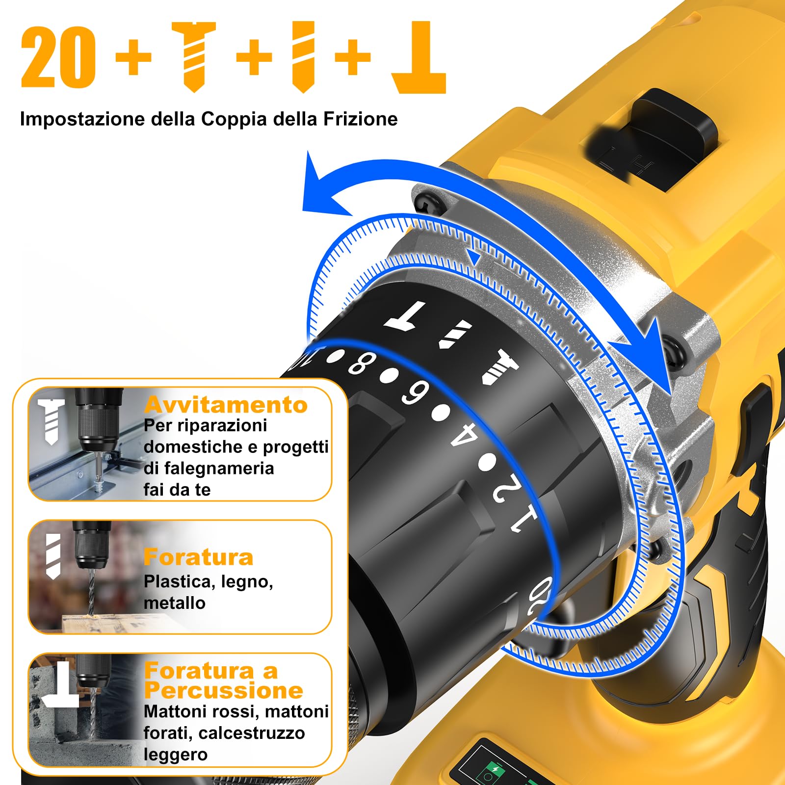 21V Trapano Avvitatore Batteria, 100Nm Trapano a Percussione | Brushless Avvitatore a Batteria, 2 Batterie 4,0Ah, 20+3 Coppia, 13mm Mandrino, 2 Velocità, 36 PZ Accessori, Casa Riparazione