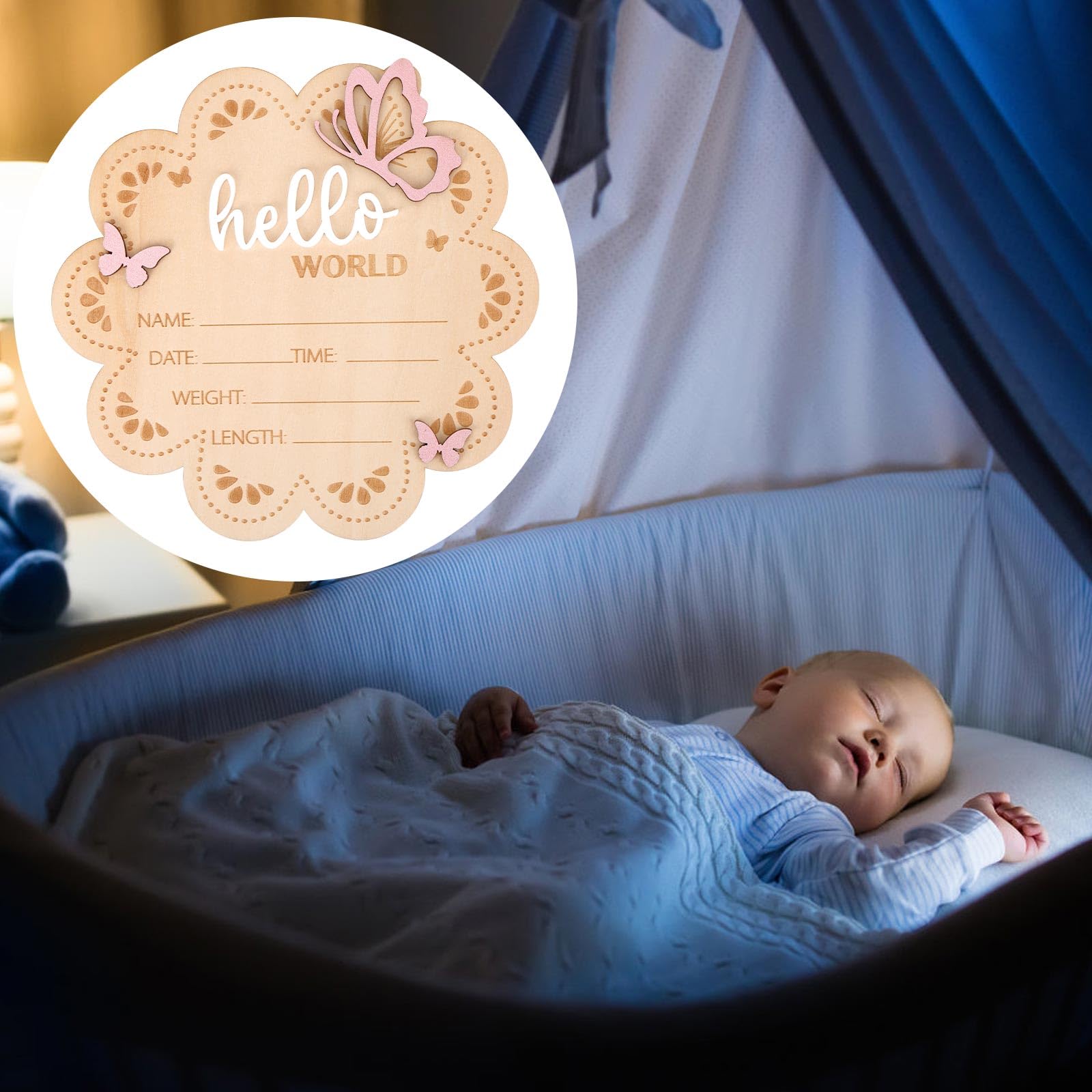 Bonjour le Monde Panneau Annonce de Naissance, Papillon en Bois Plaque Nominative pour Bébé Panneau d'Annonce Naissance pour Accessoires Photo Baby Shower Hôpital Décoration Chambre d'Enfant