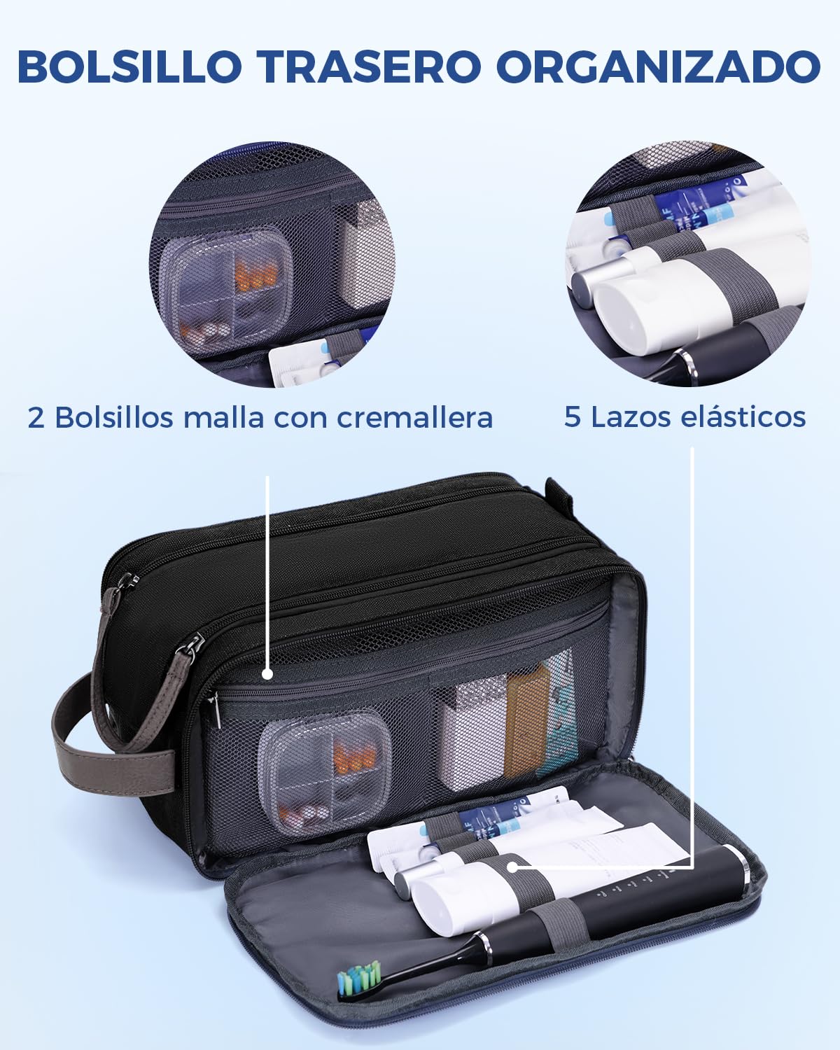 WANDF Neceser de Viaje para Hombre Impermeable, Bolsa de Aseo con Múltiples Compartimentos, Organizador para Afeitadora, Artículos de Higiene y Cosmética, Ideal para Viajes, Gimnasio o Trabajo, Negro