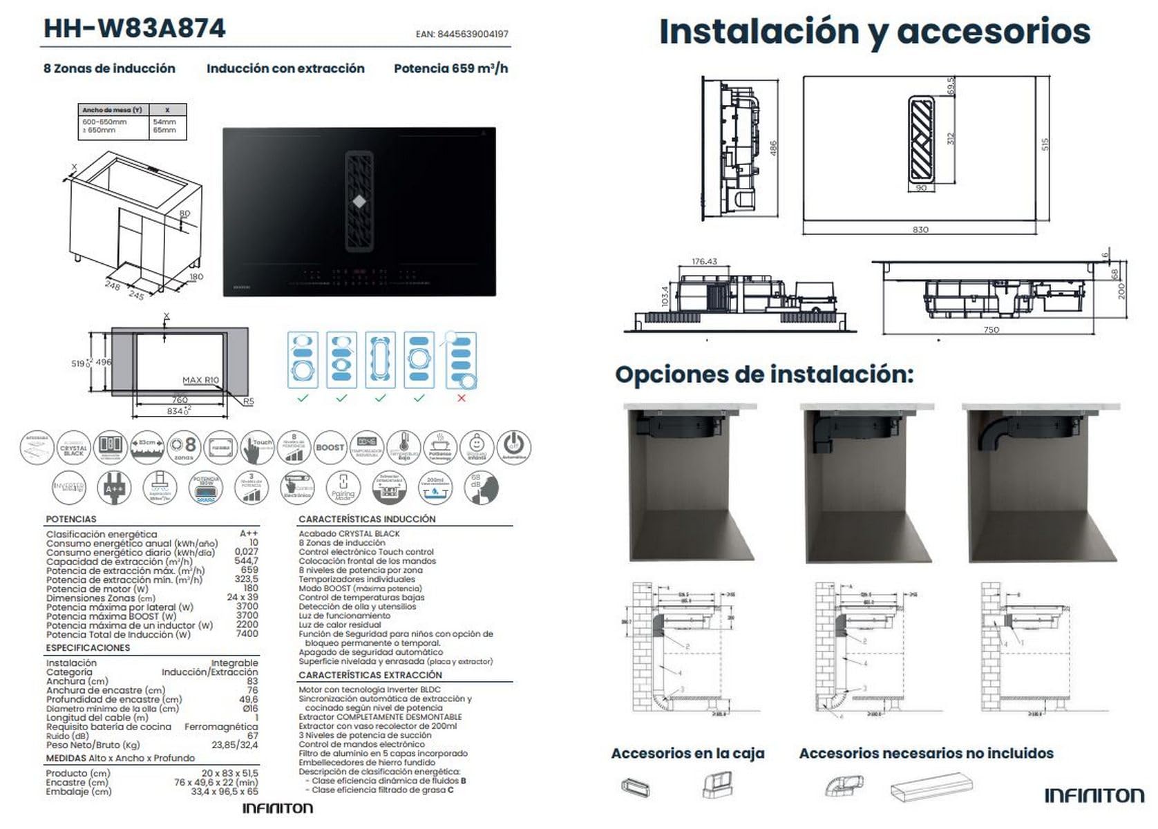 INFINITON Placa de Inducción con Extractor HH-W83A874, 8 Zonas de Inducción, 8 Niveles de Potencia, Boost, 659 m3/hora, 67 dB, Crystal Black