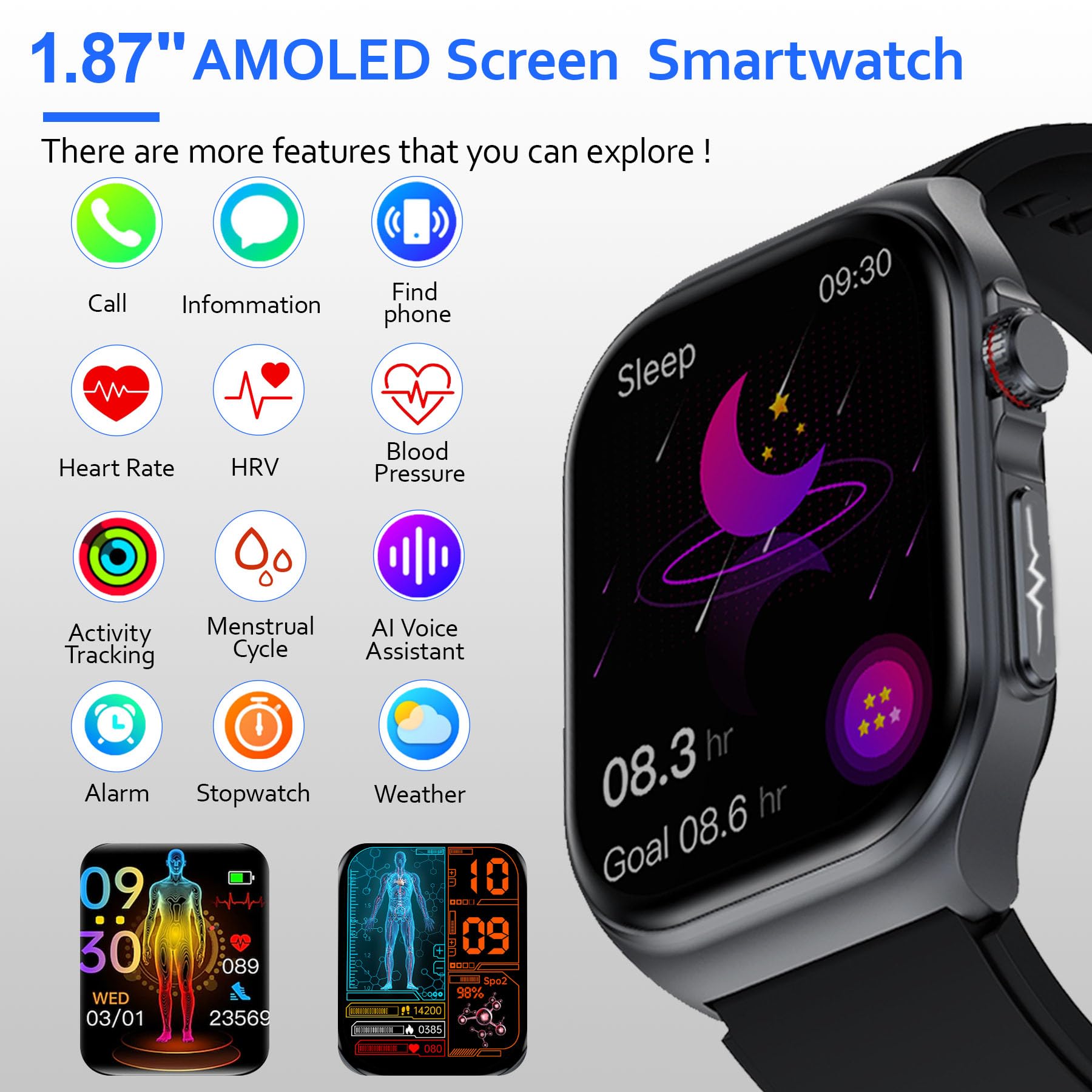 AI Smart Watches for Men Women - 1.87'' Health Monitor Watch with Heart Rate, Blood Pressure, Blood Oxygen, Sleep & Stress Track, 100+ Sports Modes, IP68 Waterproof Fitness Watch,Black