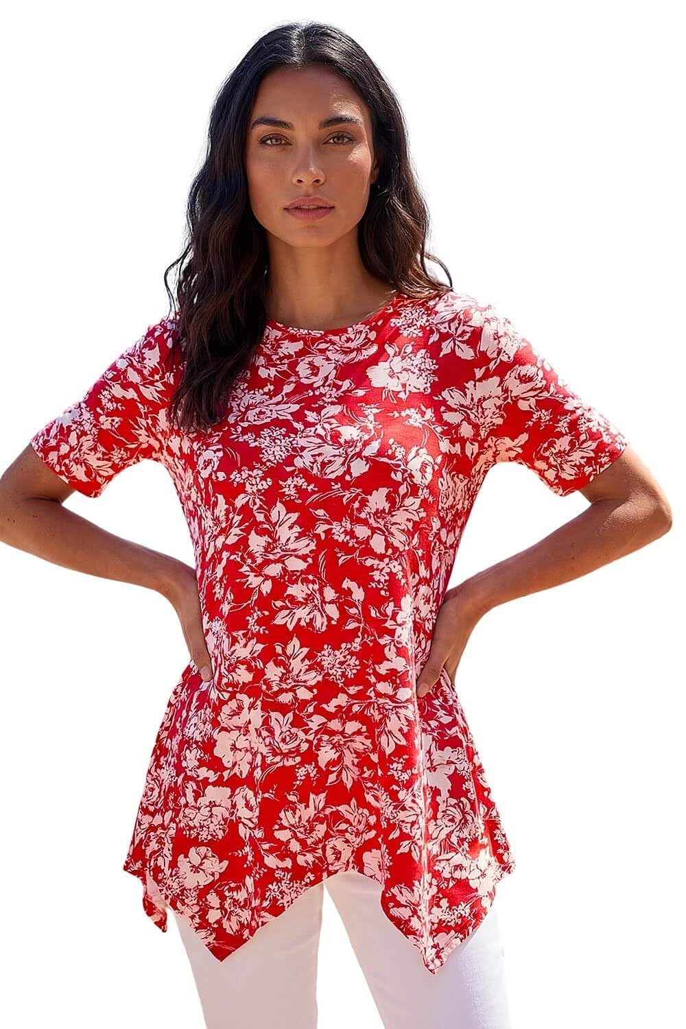Roman Originals Women's Pink Floral Asymmetric Top Hanky Hem Blouse Stretchy Tunic Occasion Smart Casual Summer Sprint Winter Autumn Cocktail Party Evening 3/4 Short Sleeve - Size 14