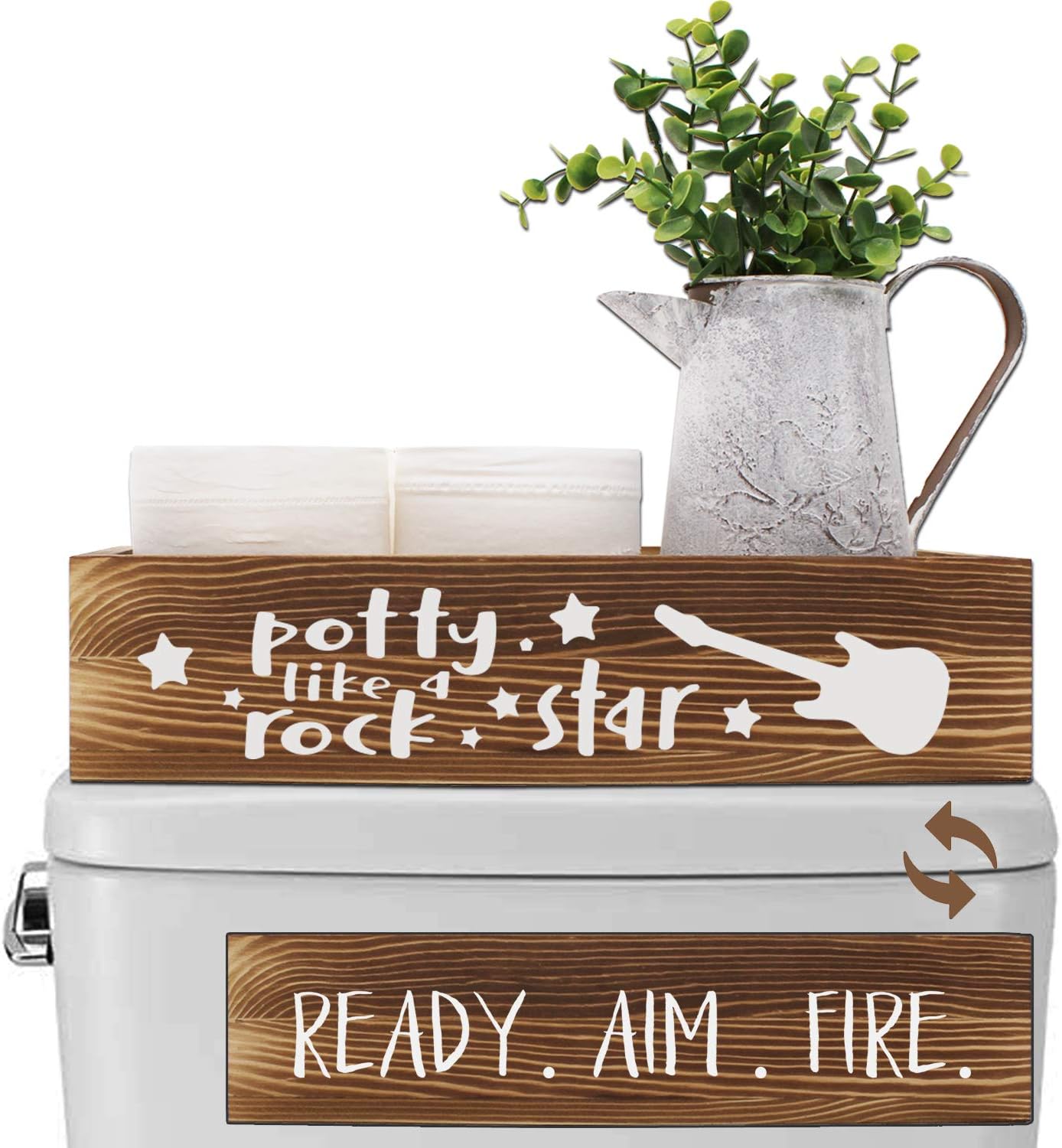 Bathroom Decor Sign Box -Ready Aim Fire & Potty Like A Rock Star -Toilet Paper Holder Stand Storage Diaper Organizer, Farmhouse Rustic Decor Gift for Housewarming