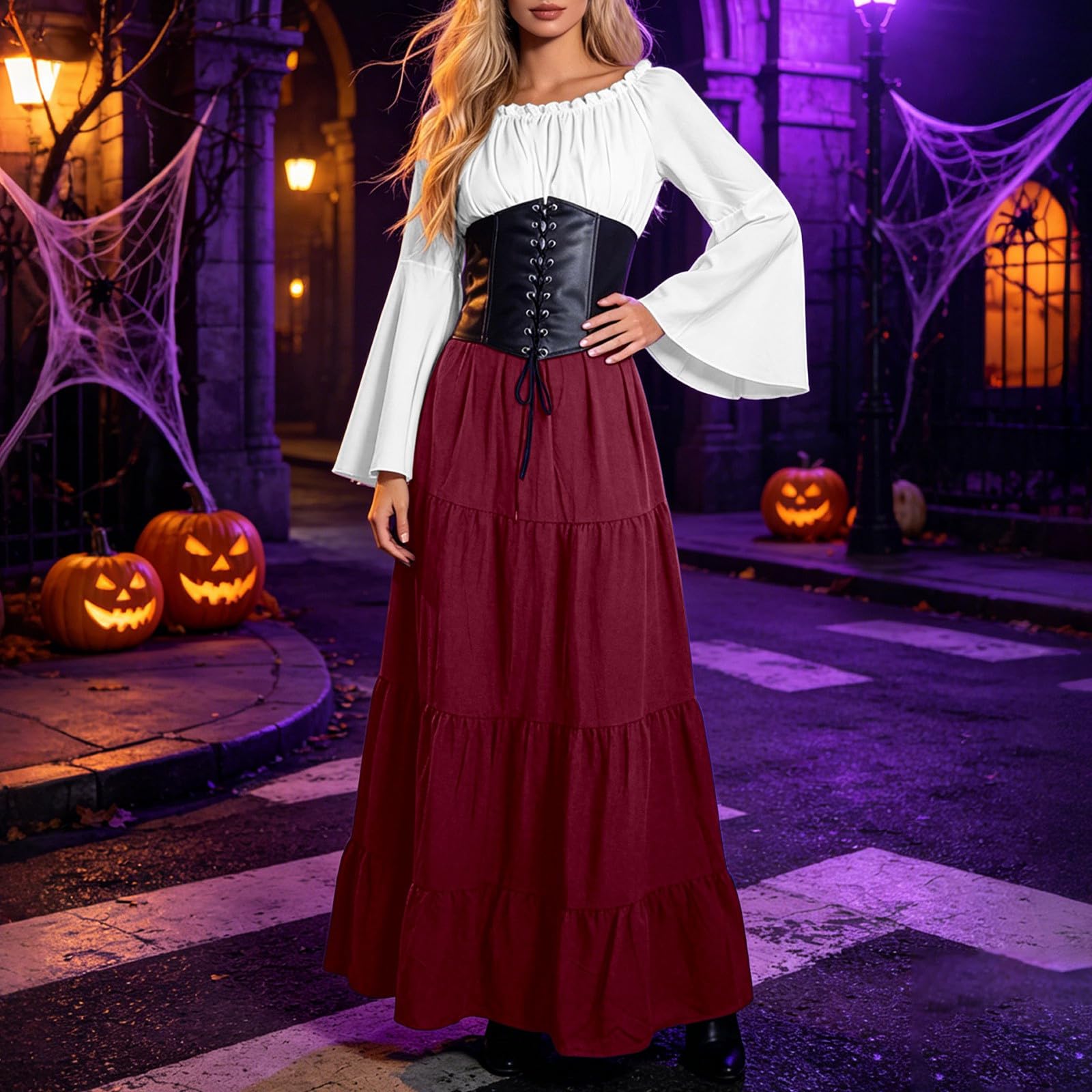 Robe d'halloween élégamment drapée avec Manches Bouffantes, idéale pour Un déguisement Cosplay en 2024.