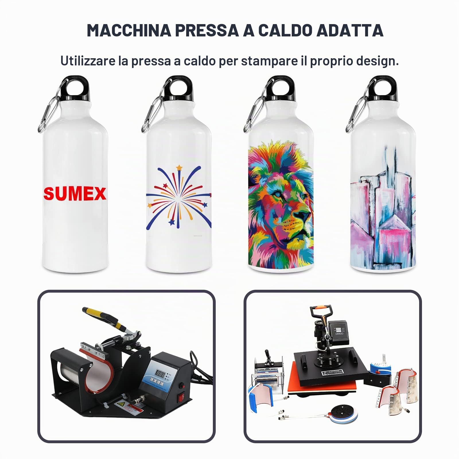 Sumex 12 bottiglie d'acqua in alluminio a sublimazione da 600 ml, con moschettone e tappo a torsione