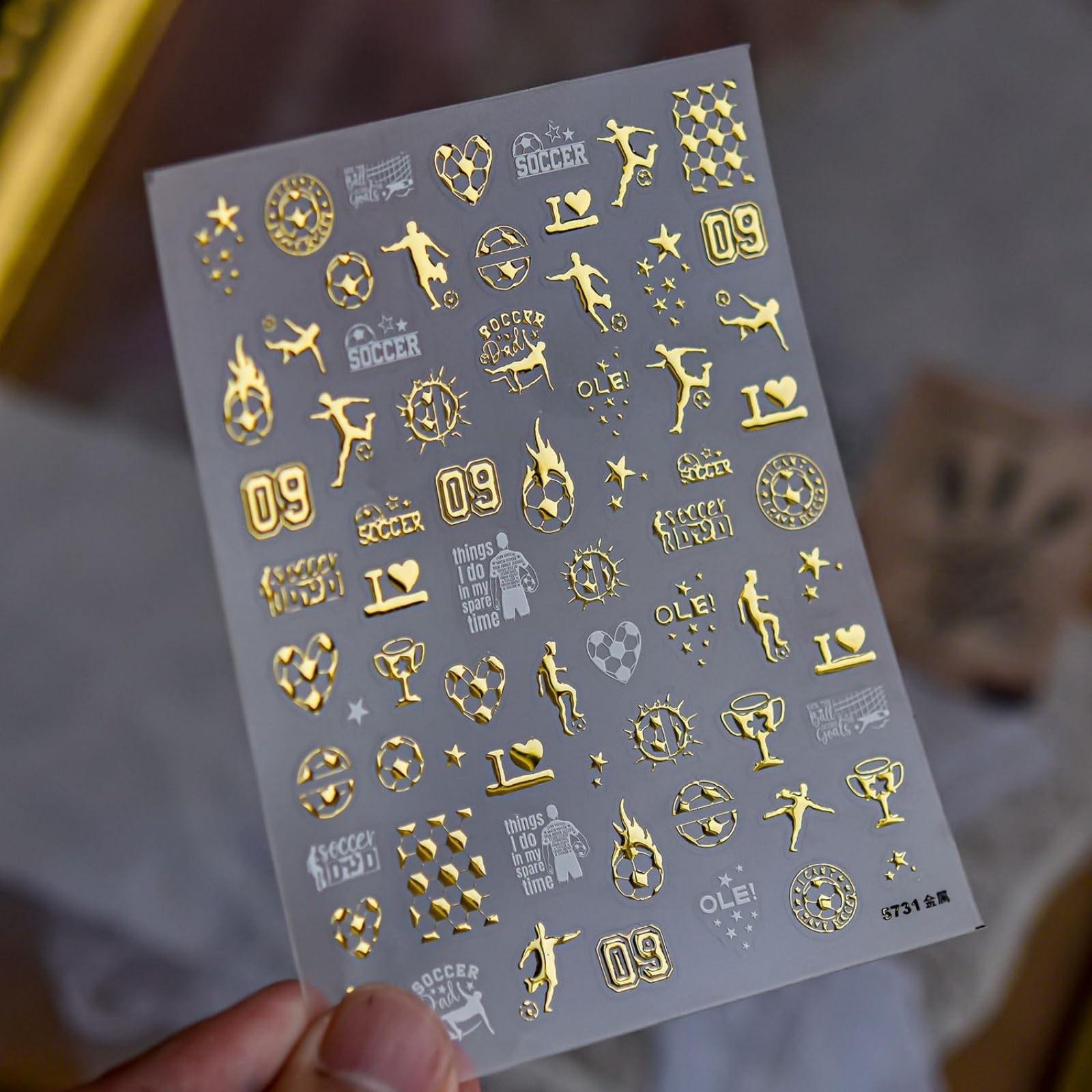 Soccer Nail Stickers Football Nail Decals Gold Metallic Nails Charms 5D Self Adhesive Shiny Sports Nails Stickers Supply for Women DIY Manicure Decoration Accessories