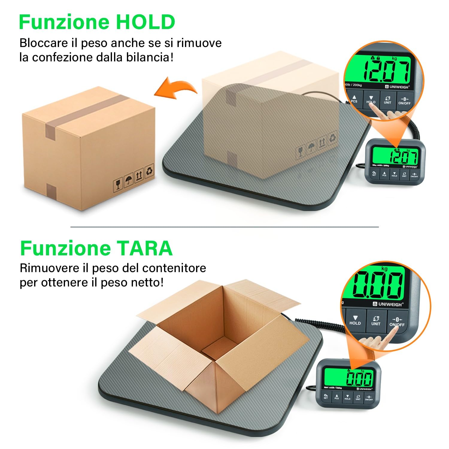 UNIWEIGH Bilancia Postale Digitale 200kg 10g Alta Precisione con Funzione Hold Tara Conteggio