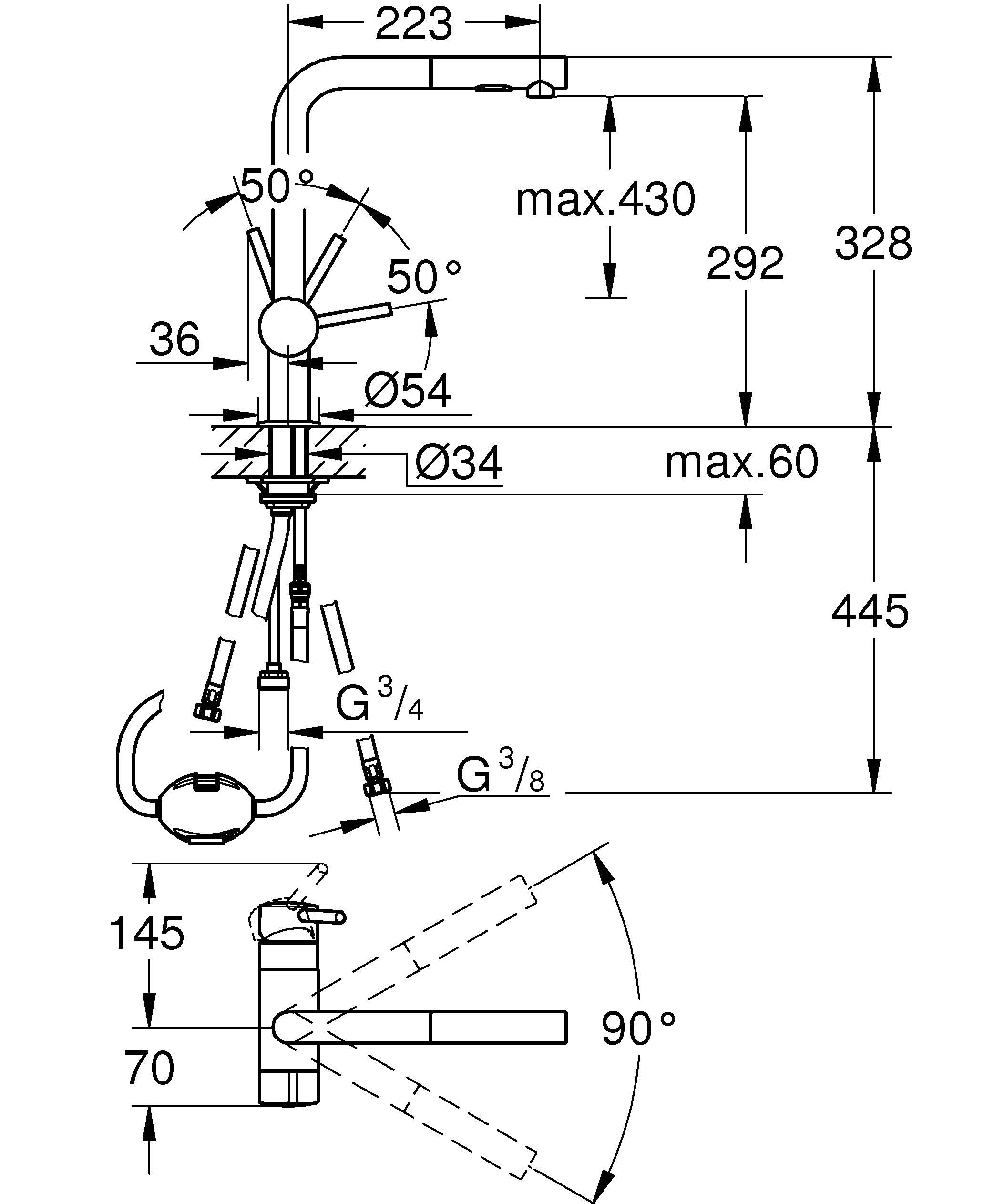 GROHE Minta 31558GN0 Robinet mitigeur extractible pour évier de cuisine (pivotant à 360° bec haut L taille 328 mm, cartouche céramique 46 mm, queue 3/8", facile à installer), or brossé