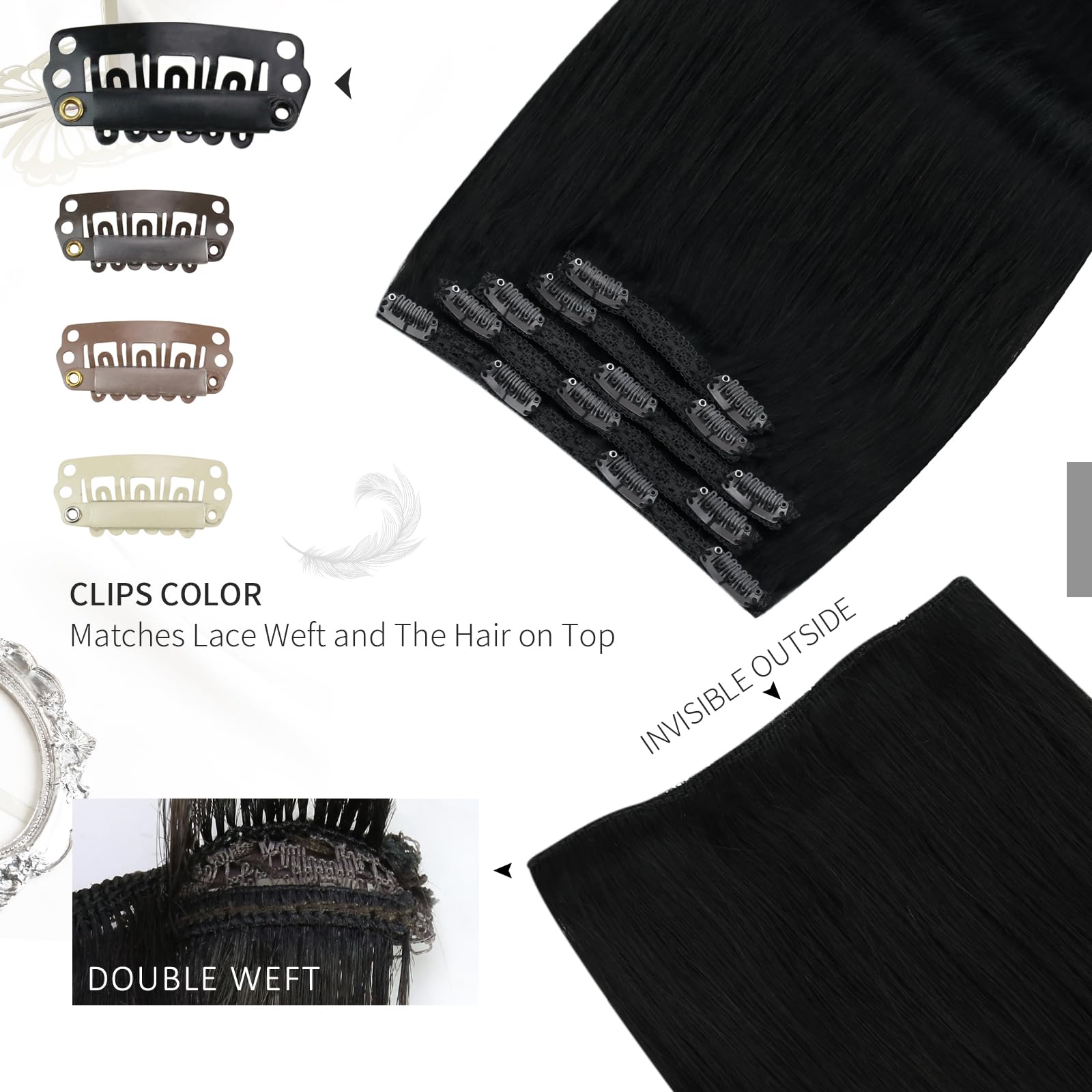 Moresoo Extension Capelli Veri Clip Neri Extension Clip Capelli Veri Remy Umani Extension con Clip Capelli Veri Clip Hair Extension Real Human Hair Nero Jet #1 25 cm 80g 5pcs