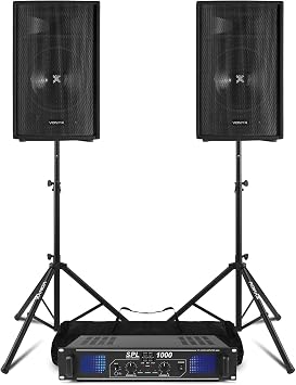 Vonyx 12" Passive DJ PA Speaker System with 1000W Amplifier, Stands, and Cables   Complete 2-Speaker Party & Event Sound Kit, 600W RMS Output, Full Range, Tripod Mounts