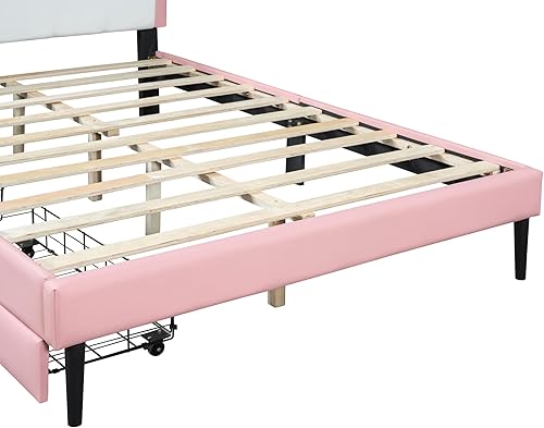 Miniatura 24 de Moderna base de cama de madera maciza de tamaño matrimonial para niños con cabecera en forma de corona, marco de cama tapizado de princesa con luces