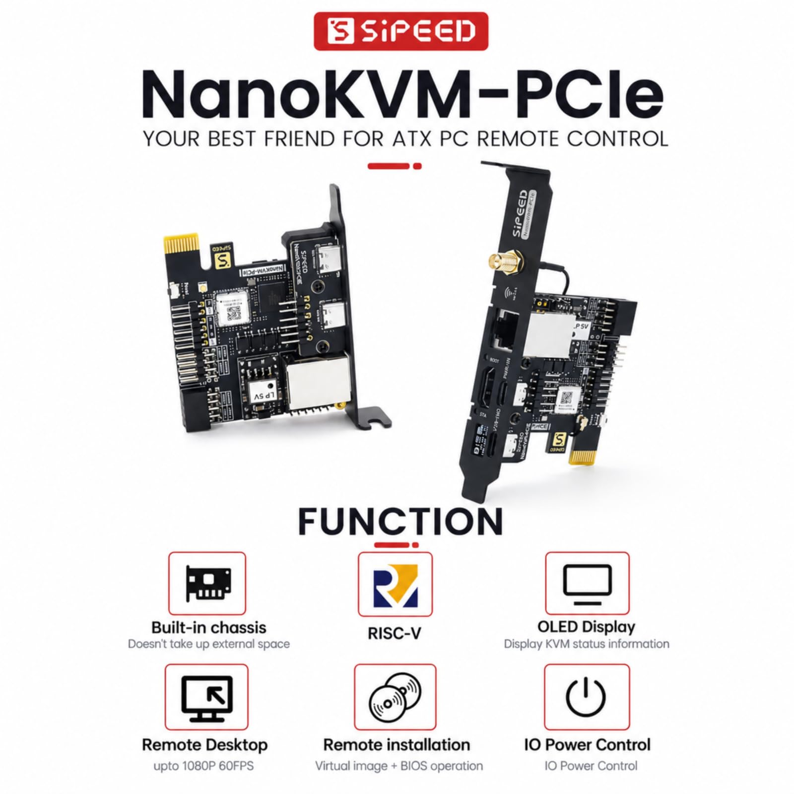Sipeed NanoKVM-PCIe – IP-KVM Remote Server, 1080P@60fps, RISC-V SG2002, 256MB DDR3, 16GB MicroSD, PCIe-Strom, HDMI, H.264/MJPEG, PoE/WiFi (Optional) (PCIe+WiFi)