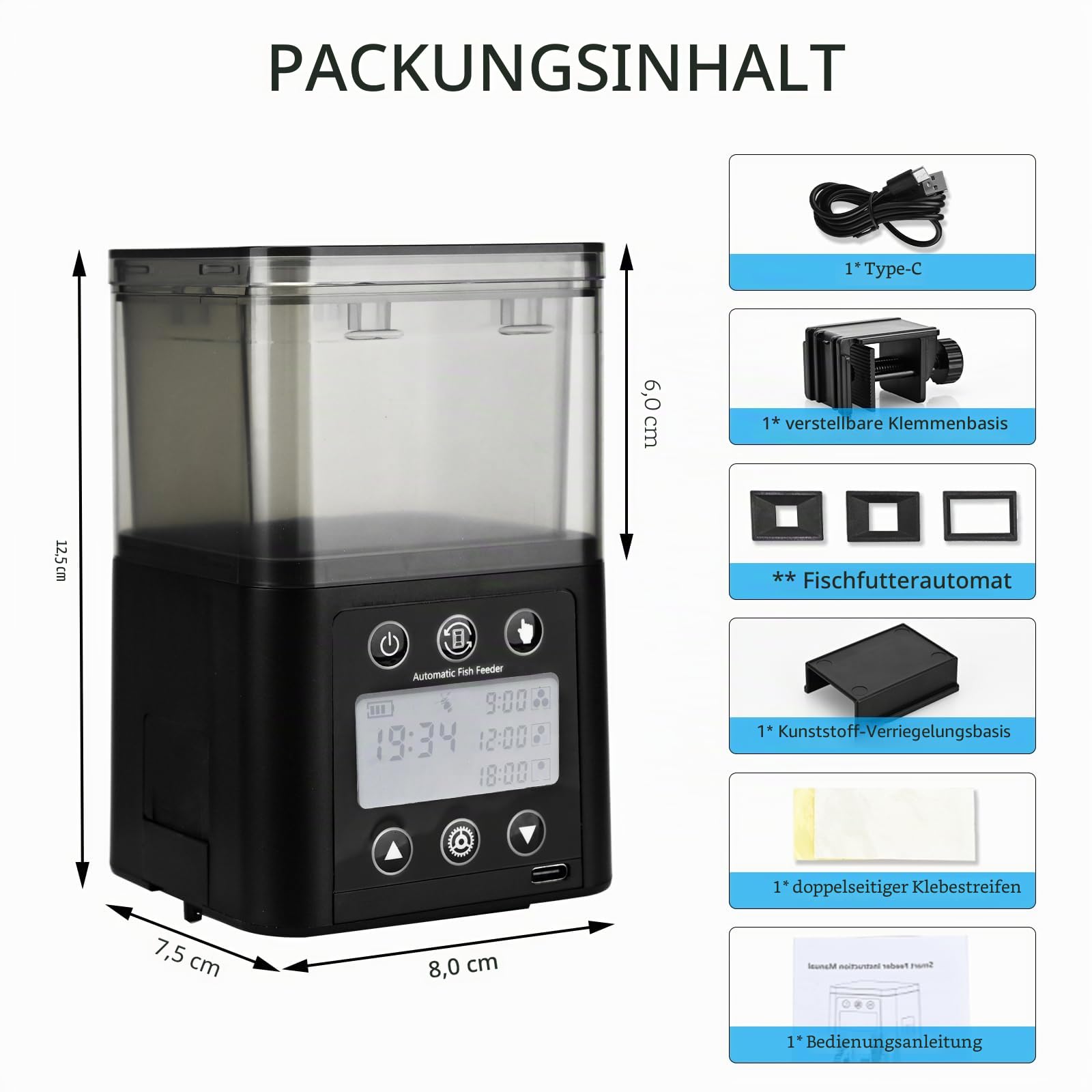 Podazz Futterautomat Aquarium – Wiederaufladbarer Zeitgesteuerter Fischfutterspender mit LCD-Display, 320 ml perfekt für Wochenenden und Feiertage - Schwarz