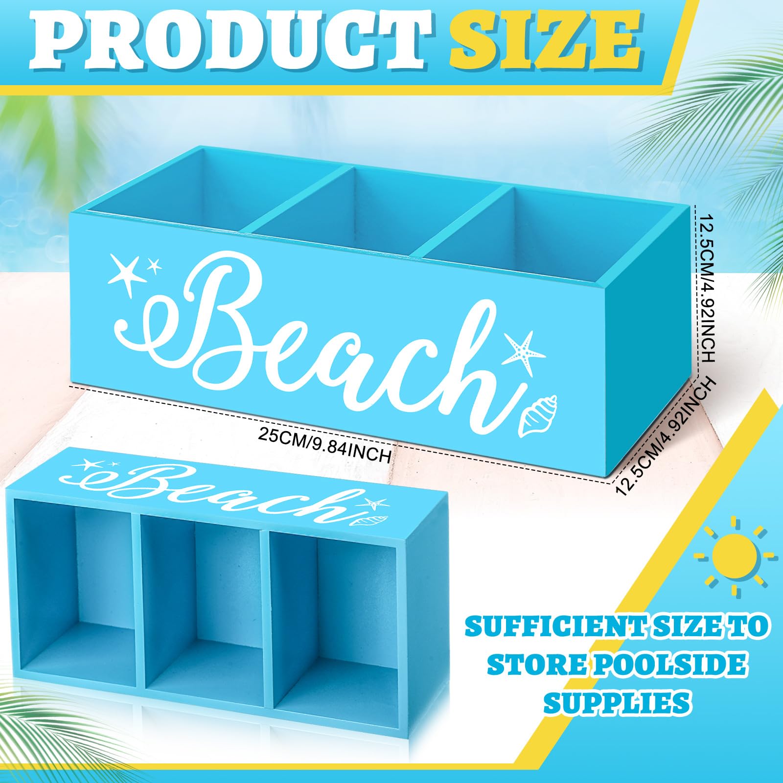 CroBlissful Strand-Aufbewahrungskorb, blaue Sommer-Holzkiste mit drei Fächern, Toilettentank-Tablett für drinnen und draußen, Schwimmbad, Dekoration, Sonnenschutz, Sonnenbrille, Pool, Spielzeug