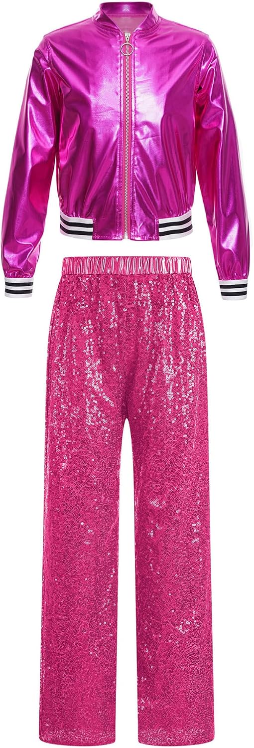Oyolan Girls Shiny Long Sleeve Bomber Jacket Outwear Top with Sequin Pants Dance Outfit Jazz Hip Hop Costumes