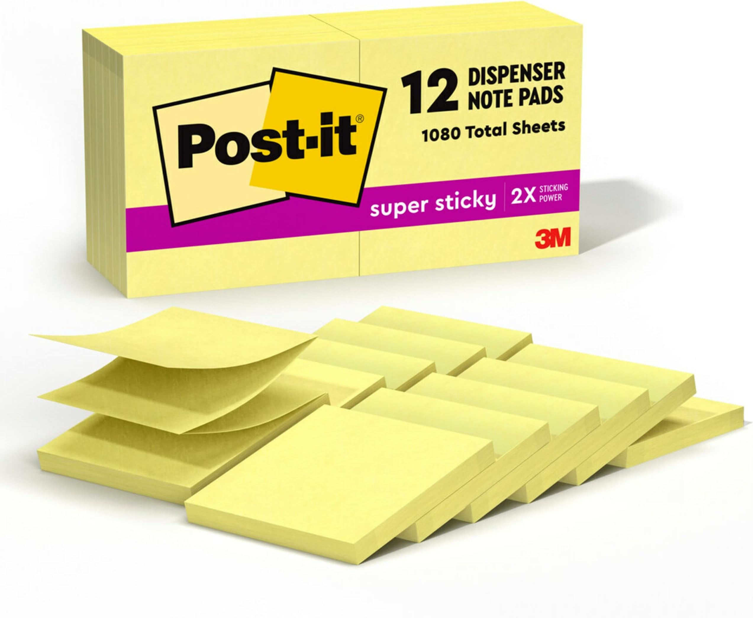 Post-it Super Sticky Dispenser Pop-up Notes, 12 Sticky Note Pads, 3 x 3 in., 2X the Sticking Power, Back to School Supplies for Students, Memo Pads for Textbooks, Canary Yellow