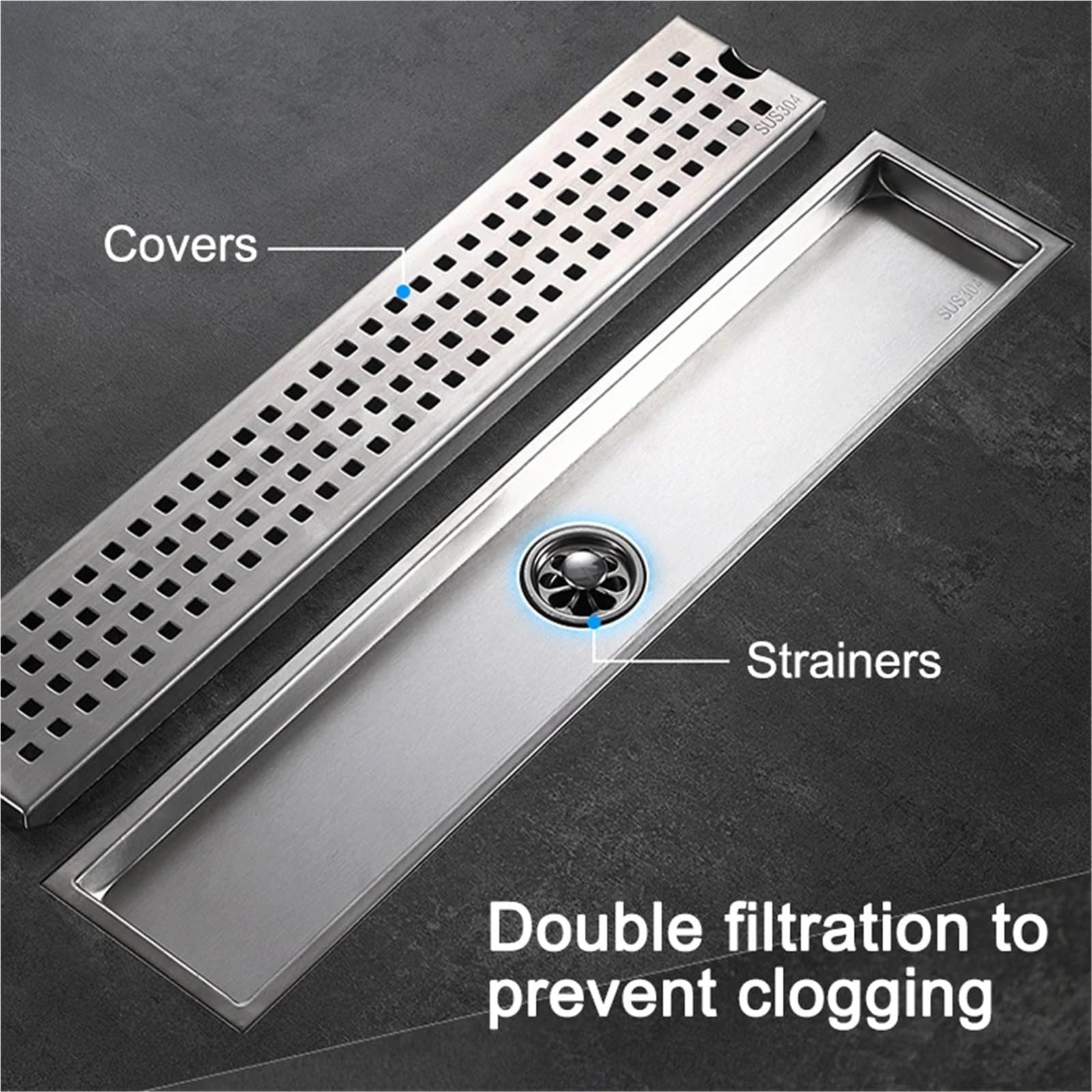 Sumidero Ducha Desagües de Suelo Acero Inoxidable, desagües Ducha, Filtro residuos baño, Drenaje, Tira Larga, Accesorios Cocina, 20-100cm para Cocina baño(Side,20x10cm)