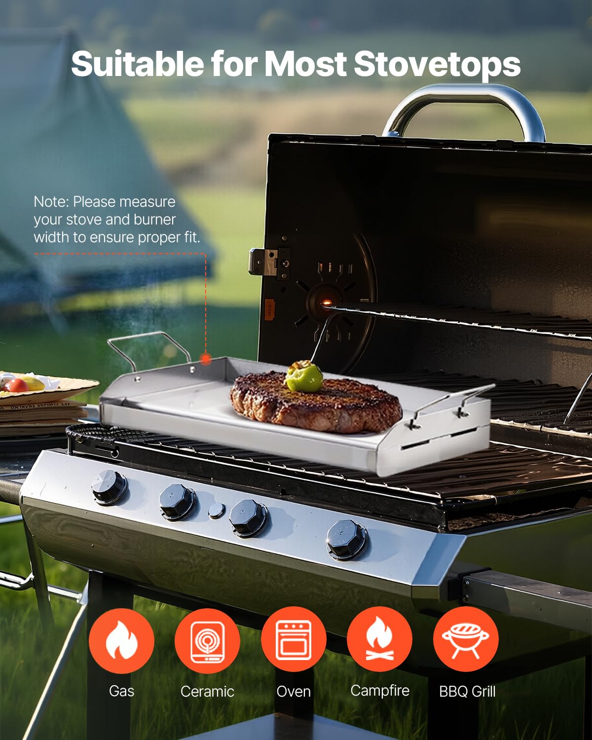 VEVOR Uniwersalny grill ze stali nierdzewnej z prostokątną płytą 425 x 270 mm o płaskiej powierzchni, żelazko gazowe do grilla, przenośne przybory kuchenne z uchwytem, kolor stali oryginalnej