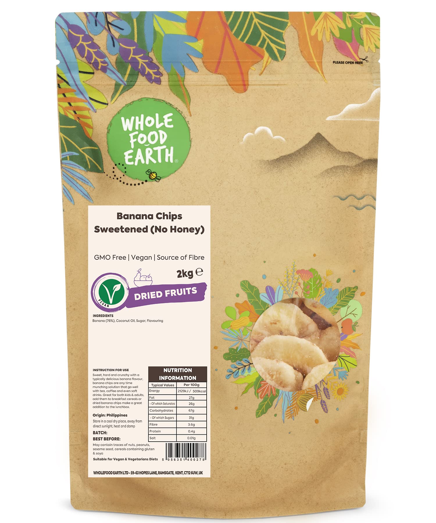 Wholefood Earth Banana Chips Sweetened (No Honey) 2 kg | GMO Free | Source of Fibre