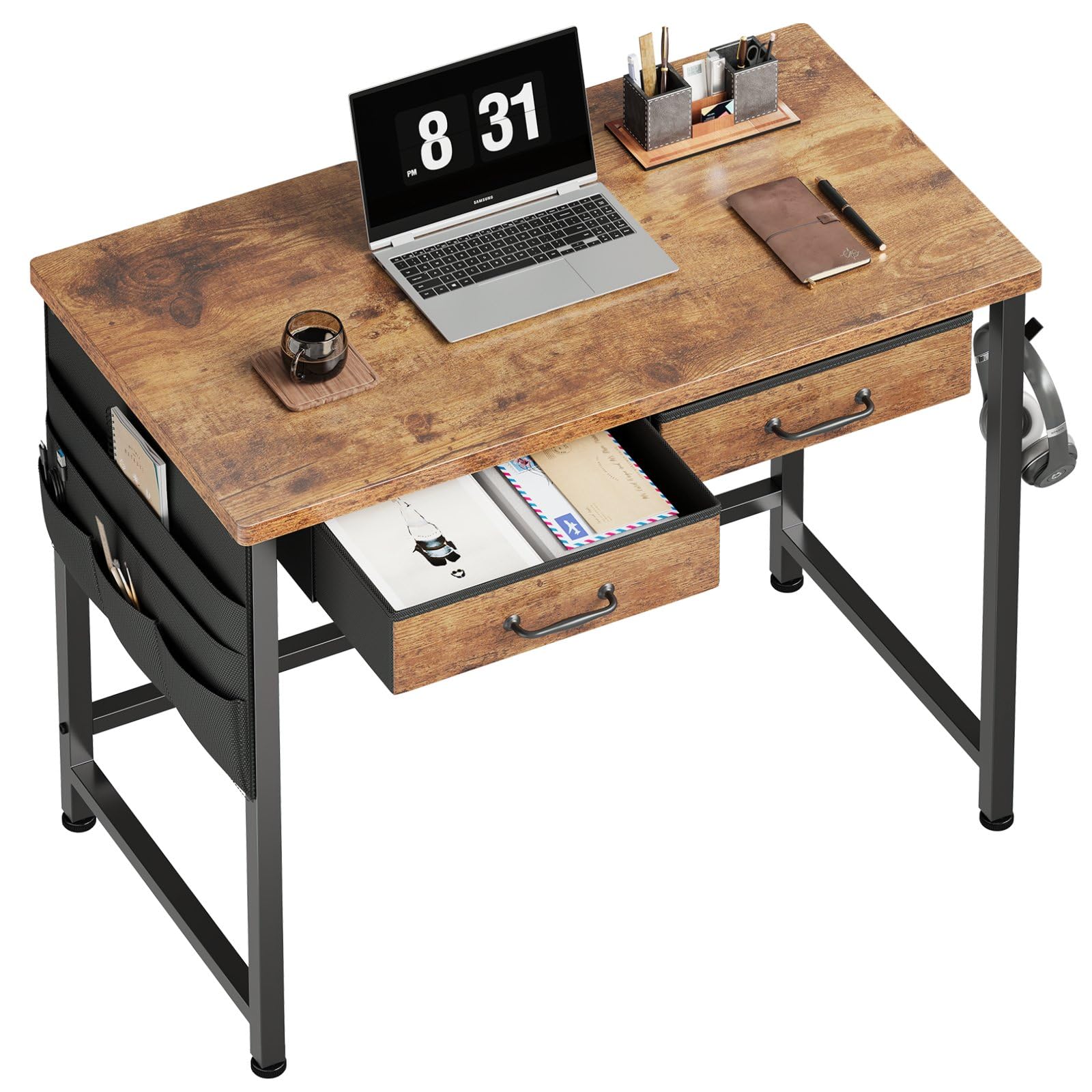 Small Desk with Drawers, 31.5 inch Small Computer Desk with Drawers, Writing Desk with Drawers for Small Spaces, Compact Desk for Small Spaces, Metal Frame for PC Laptop, Rustic Brown2
