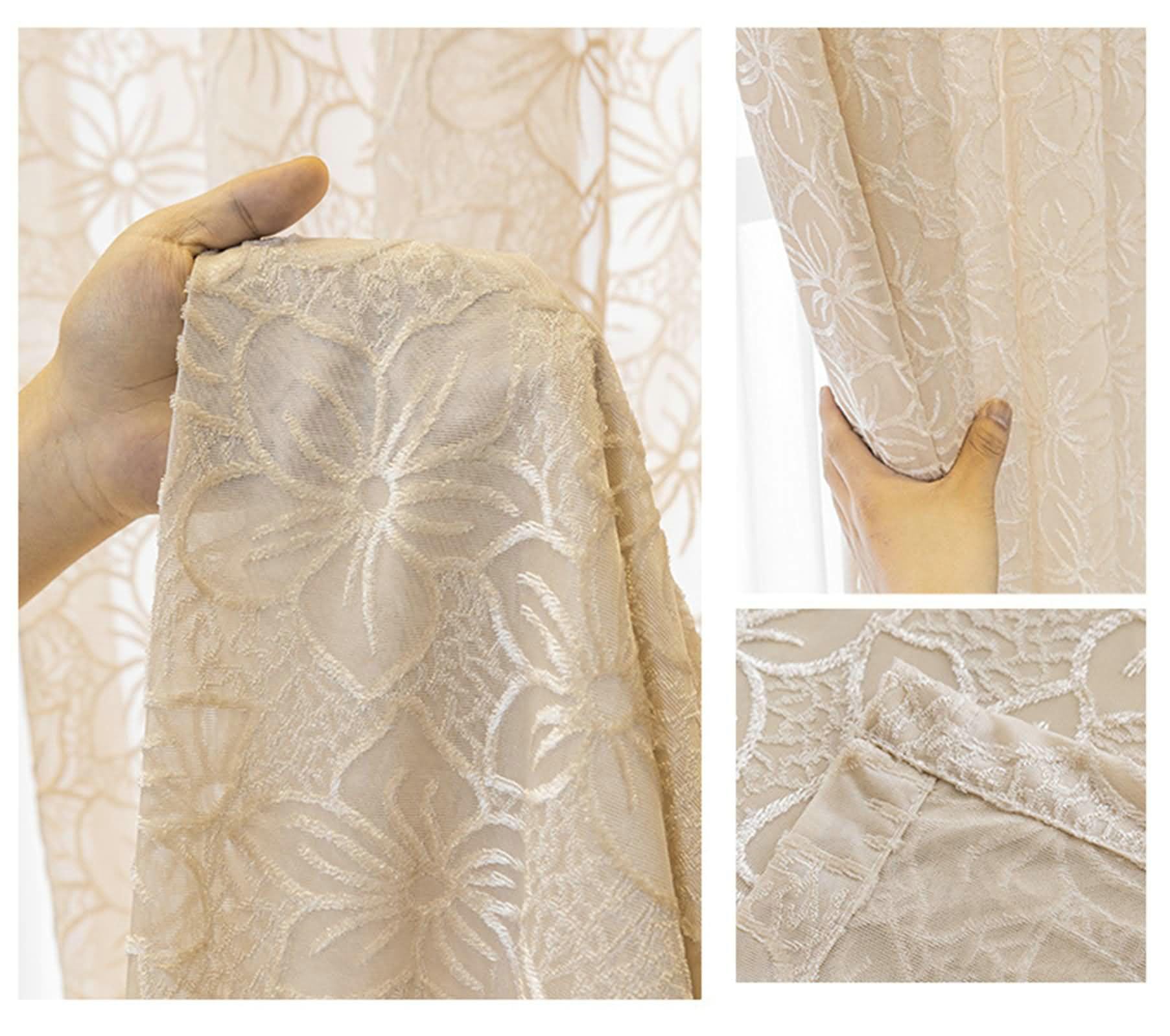Vorhänge Durchsichtig, Gardinen mit Blumenmuster Fenstervorhänge Schlafzimmer 2er Set H 183 x B 107 cm, Beige