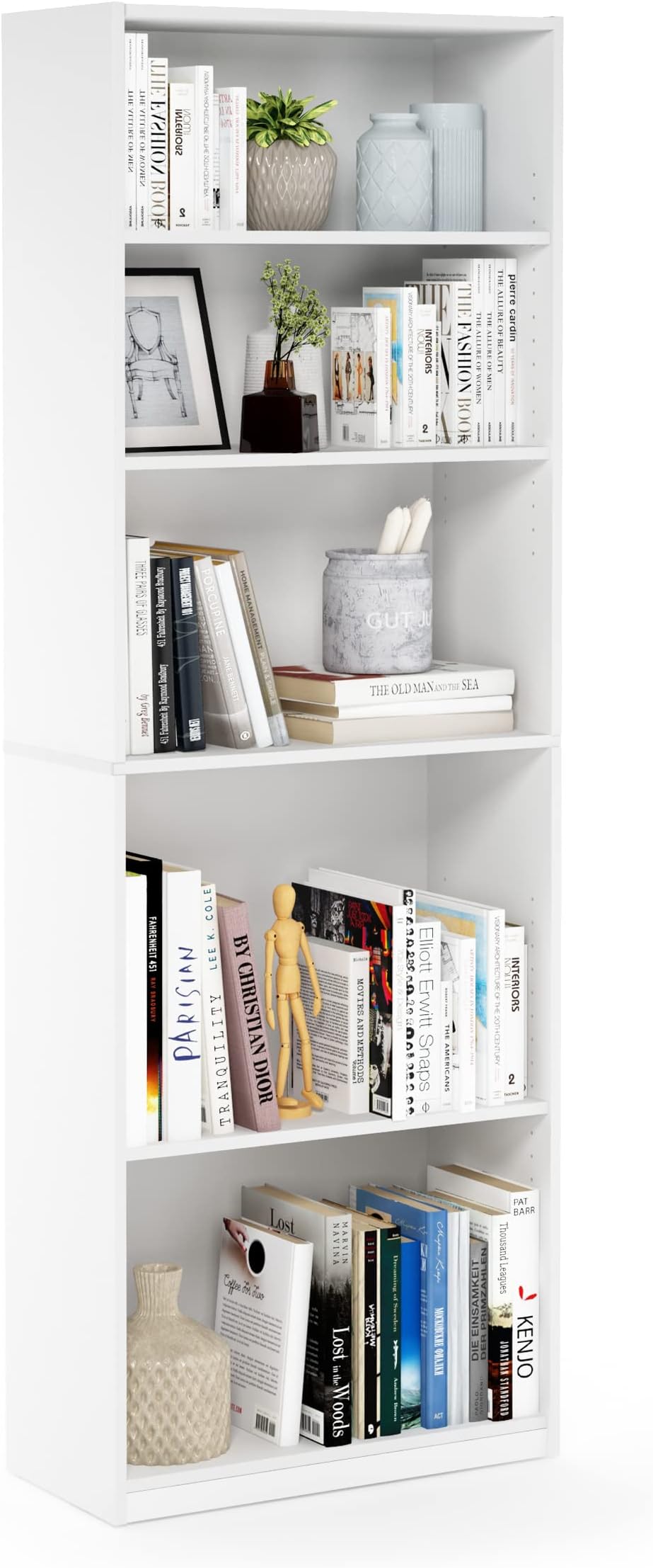 Furinno Jaya Book Shelf, 5-Tier Bookshelf, Bookcase with Adjustable Shelves, 9.5 x 24.5 x 71.2, for Organization and Storage, for Living Room, Bedroom, Home Office, White
