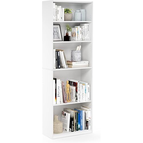 Furinno Jaya Book Shelf, 5-Tier Bookshelf, Bookcase with Adjustable Shelves, 9.5" x 24.5" x 71.2", for Organization and Storage, for Living Room, Bedroom, Home Office, White