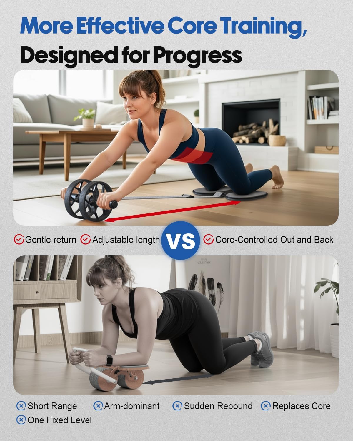 auvstar Bauchroller mit Widerstandsband & Rutschfesten Griffen, Ab Roller Fitnessgerät für Zuhause, Bauchtrainer Roller Selbstaufrollend Bauchmuskeltrainer Trainingsgerät Abdominal Rad Set Grau