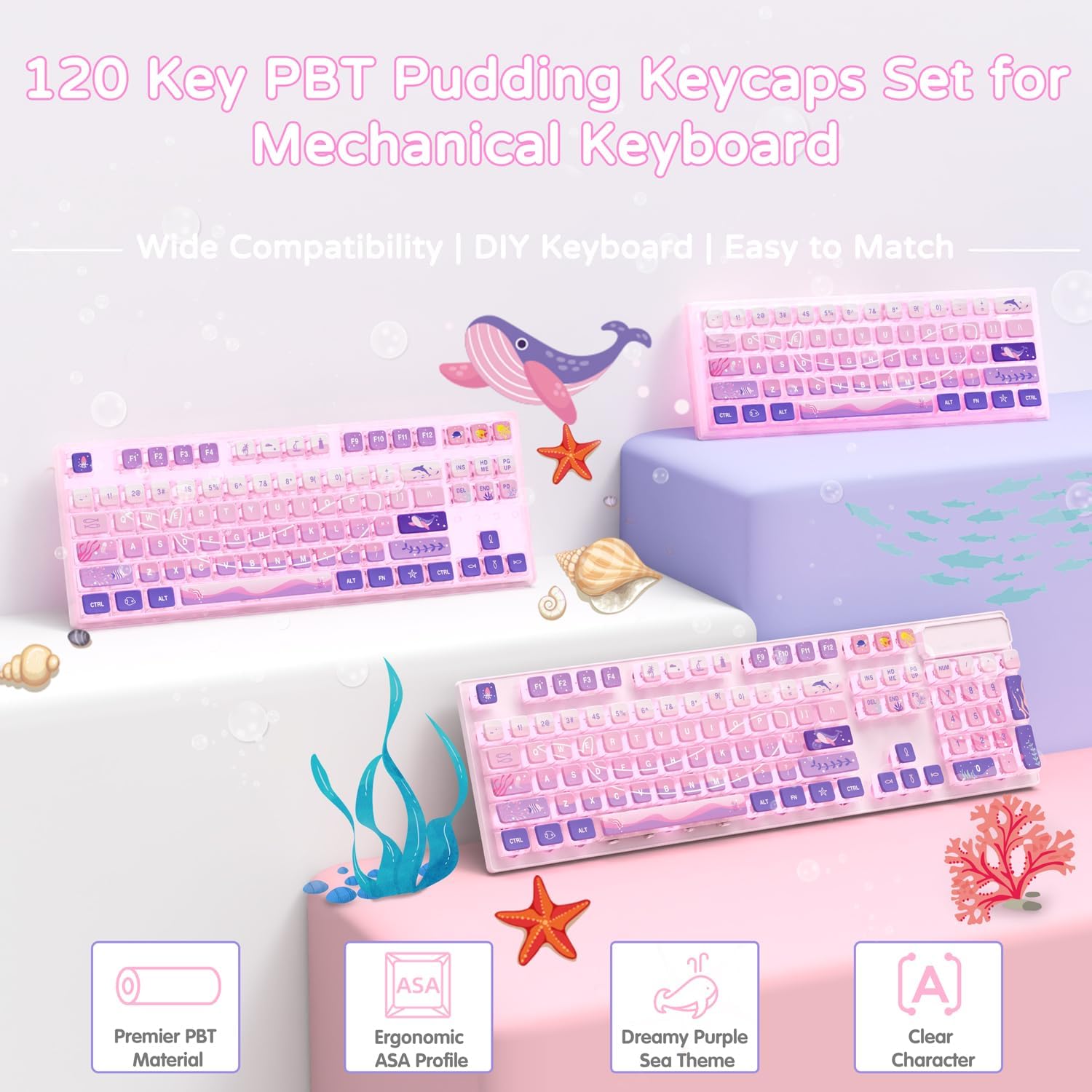 120 Key PBT Pudding Keycap Set ASA Profile with Transluscent PC Layer Dye-Sub Dreamy Sea Theme for 61/84/87/98/100/104Key TKL Cherry MX Gateron Kailh Cross Type Switch ANSI Mechanical Keyboard(Purple)