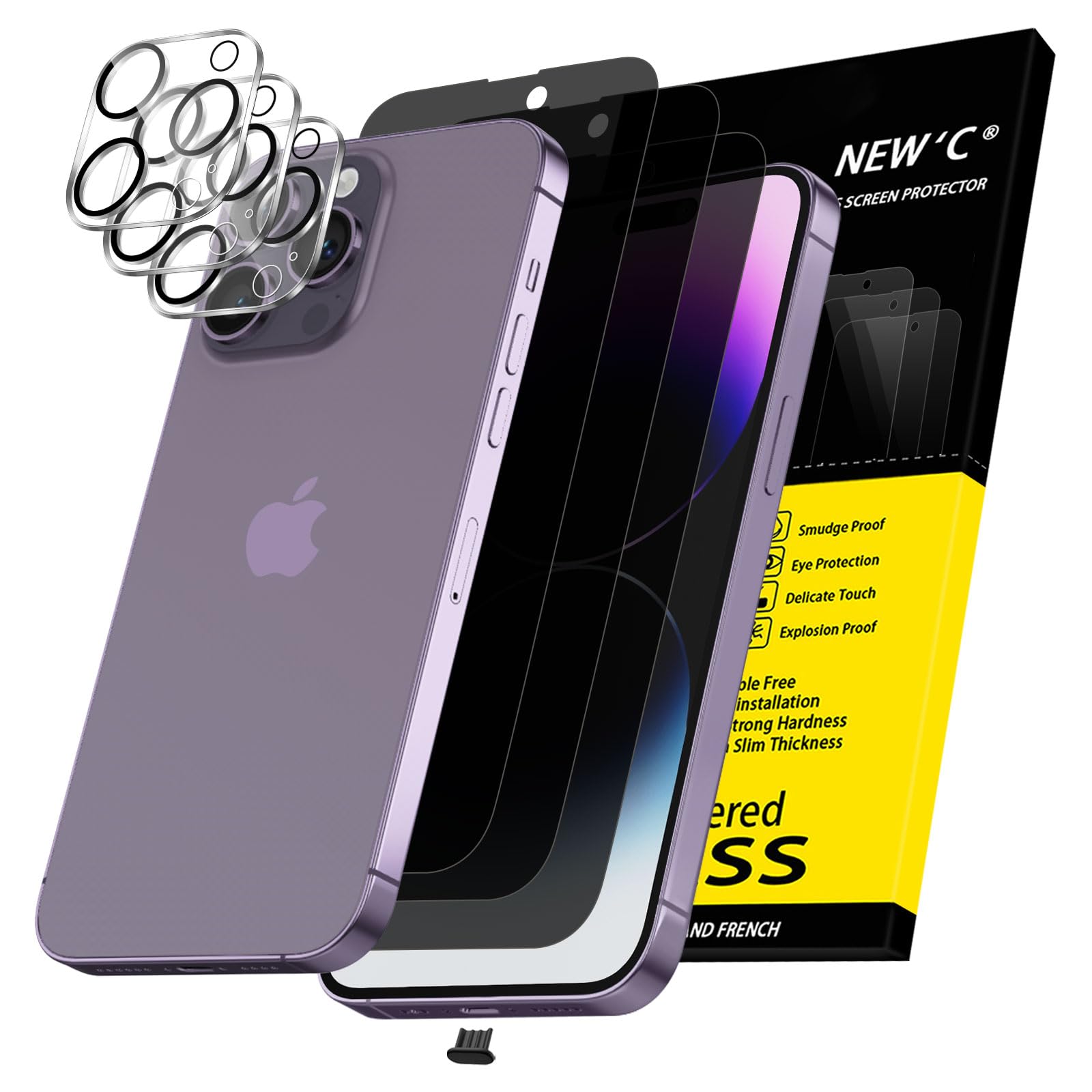 NEW'C 3 x Sichtschutz für iPhone 13 Pro Max für Panzerglas (6,7 Zoll) und 3 x Kamera Panzer Schutz Glas Kameraschutz + Staubschutzstöpsel -28 Grad verbesserter Sichtwinkel - kratzfest