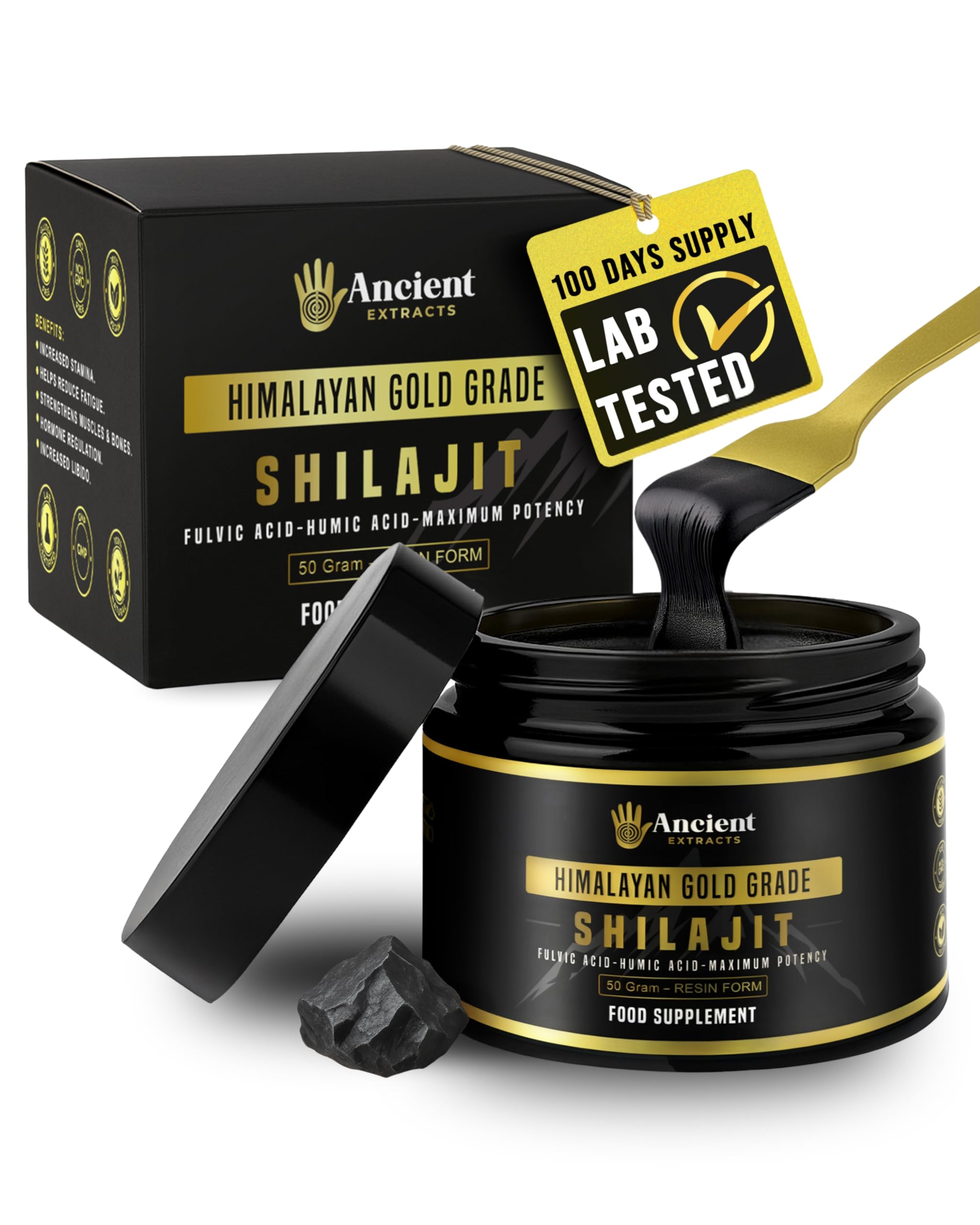 Shilajit Resin | Gold Grade – 75% Fulvic Acid | Energy, Focus, Recovery & Hormone Support | 85+ Trace Minerals | Tested for Purity & Safety | Sourced in The Kashmir Himalayas (50g)