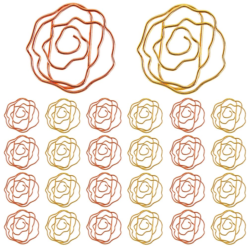 Büroklammern in Rosenform, Büroklammern, Bürozubehör, rotgoldene Blume, Büroklammern in transparenter Box, für Büro, Zuhause, Schulbedarf, 50 Stück
