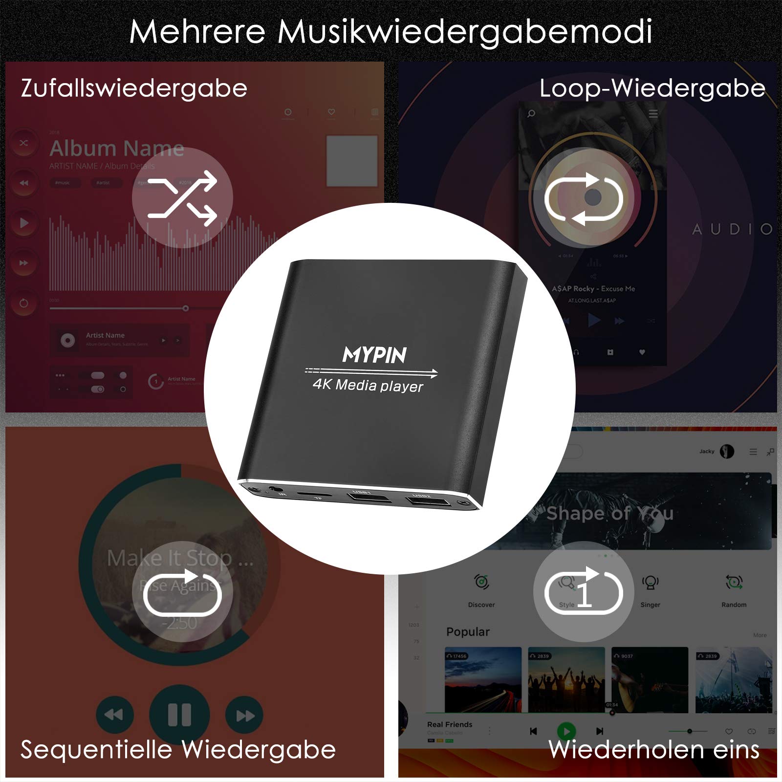 Lettore Multimediale 4K, MYPIN Media Player per HDD da 8 TB/Unità USB/Scheda TF/H.265 MP4 PPT MKV AVI Supporto HDMI/AV/Uscita Coassiale e Mouse/Tastiera, fino a 7.1 Surround Sound