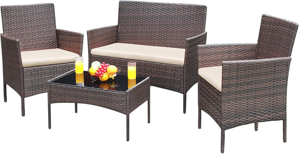 Patio Furniture 4 Pieces Conversation Sets,Brown and Beige | Outdoor Wicker Rattan Chairs Garden Backyard Balcony Porch Poolside loveseat with Soft Cushion and Glass Table