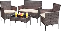 Greesum 4-Piece Rattan Wicker Patio Conversation Set with Cushions & Glass Table - Outdoor Loveseat, Chairs for Backyard, Poolside
