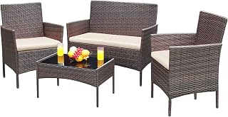 Greesum 4-Piece Rattan Wicker Patio Conversation Set: Loveseat, 2 Chairs, Glass Table & Cushions - Brown/Beige