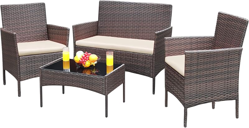Patio Furniture 4 Pieces Conversation Sets,Brown and Beige | Outdoor Wicker Rattan Chairs Garden Backyard Balcony Porch Poolside loveseat with Soft Cushion and Glass Table