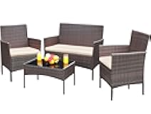 Greesum Patio Furniture 4 Pieces Conversation Sets Outdoor Wicker Rattan Chairs Garden Backyard Balcony Porch Poolside loveseat with Soft Cushion and Glass Table, Brown and Beige