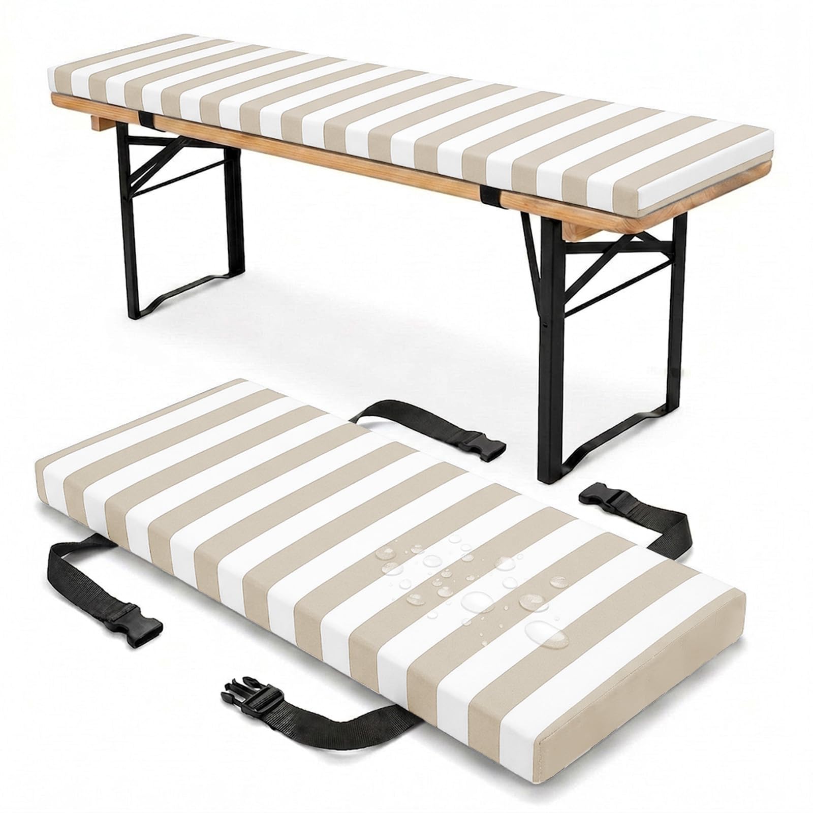 PTKG Bench Cushion Outdoor Lightweight & Durable Thickness 3cm Picnic Bench Cushions Removable Cover Water-Repellent Wooden Bench Kitchen Chair Cushions Patio, Dining,Khaki,170x23x3cm