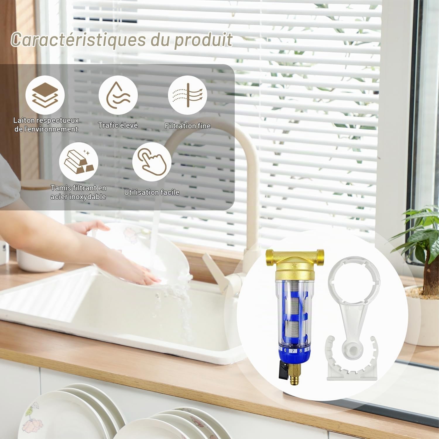 Filtre a Eau de Lavage à Contre-Courant, Acier Inoxydable Filtre Eau Réutilisable, Filtre à Eau du Robinet pour Tuyau D'eau de Puits, Filtre à Sédiments (Filetage MâLe 3/4") (Bleu)
