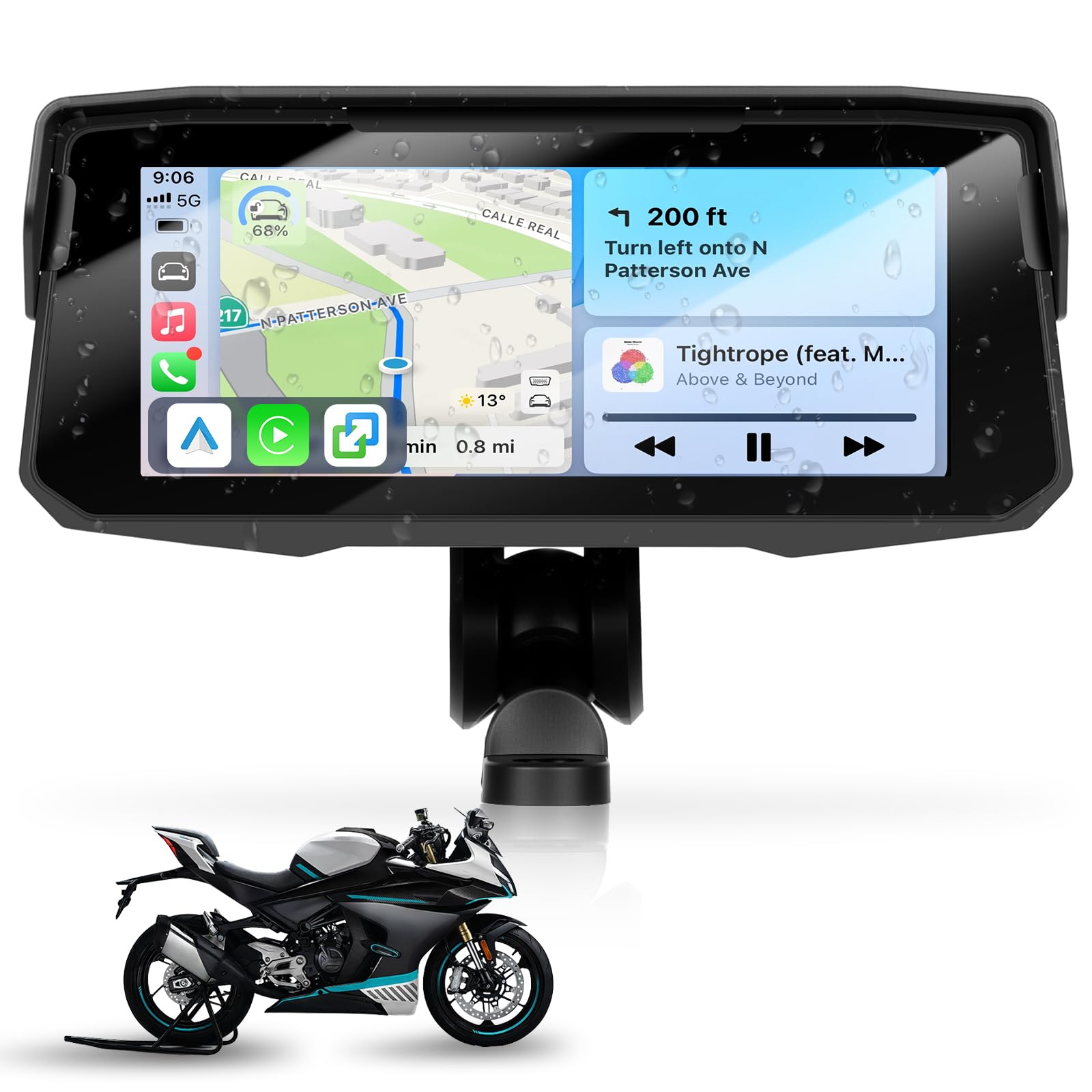 6.86 inch Motorcycle Carplay Screen GPS Navigation System with Wireless Carplay and Android Auto, Portable Car Play for Moto Waterproof HD Touch Screen with Bluetooth Mirror Link TF Card