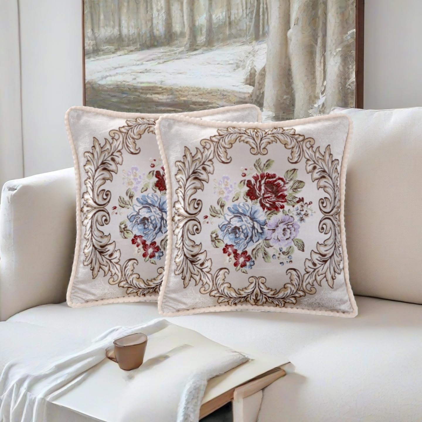 Set of 2 White Vintage Throw Pillow Covers 18x18 Inch,Euro Embroidered Cushion Covers for Sofa, White Pillow Covers for Living Room, Bedroom
