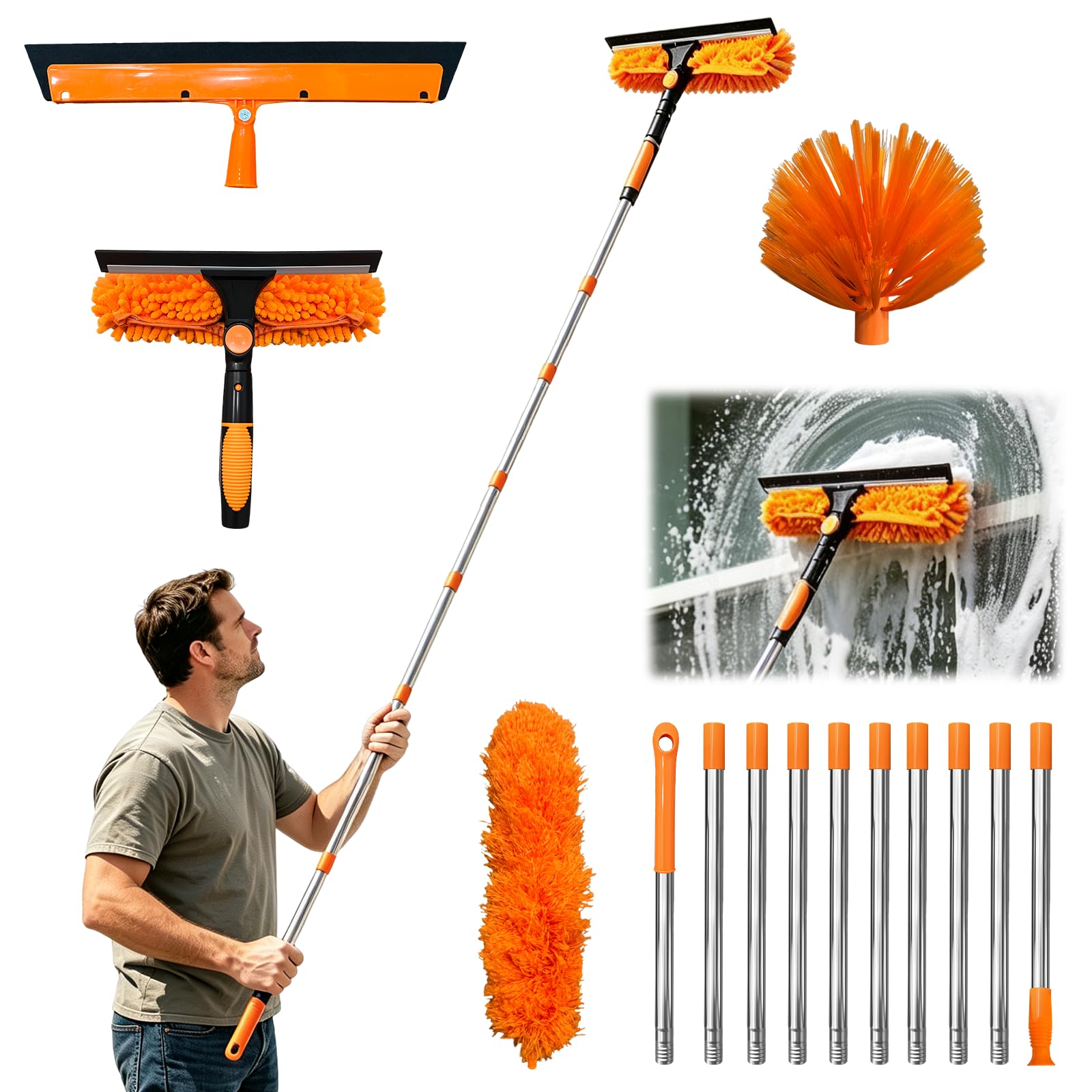 Window Cleaner Set with Telescopic Handle, Duster Telescopic Rod 4.3 m, Professional Cobweb Broom, Dust Mop and 2-in-1 Window Wiper for Bathroom, Shower, Window, Glass, Mirror, Car
