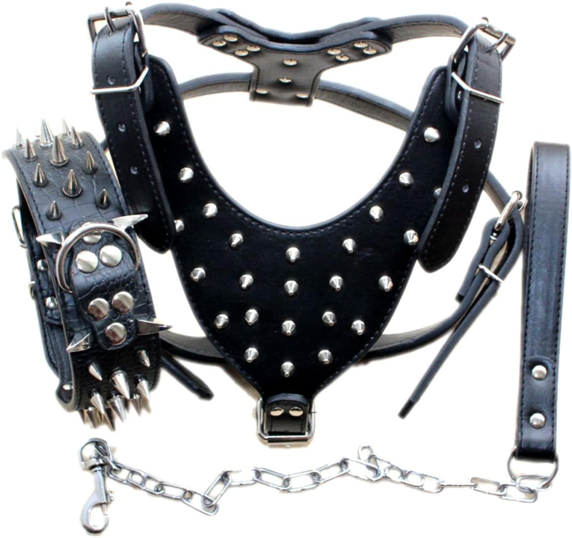 Breed Leather Spiked Studded Dog Harness,Collar & Leashes 3Pcs Set for Medium & Large Dog Pit Bull,Mastiff, Boxer, Bull Terrier (Spikes Camo, XL)