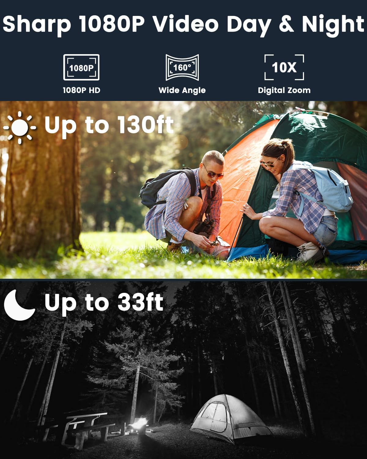 Persona viewing live camera feed on smartphone while camping